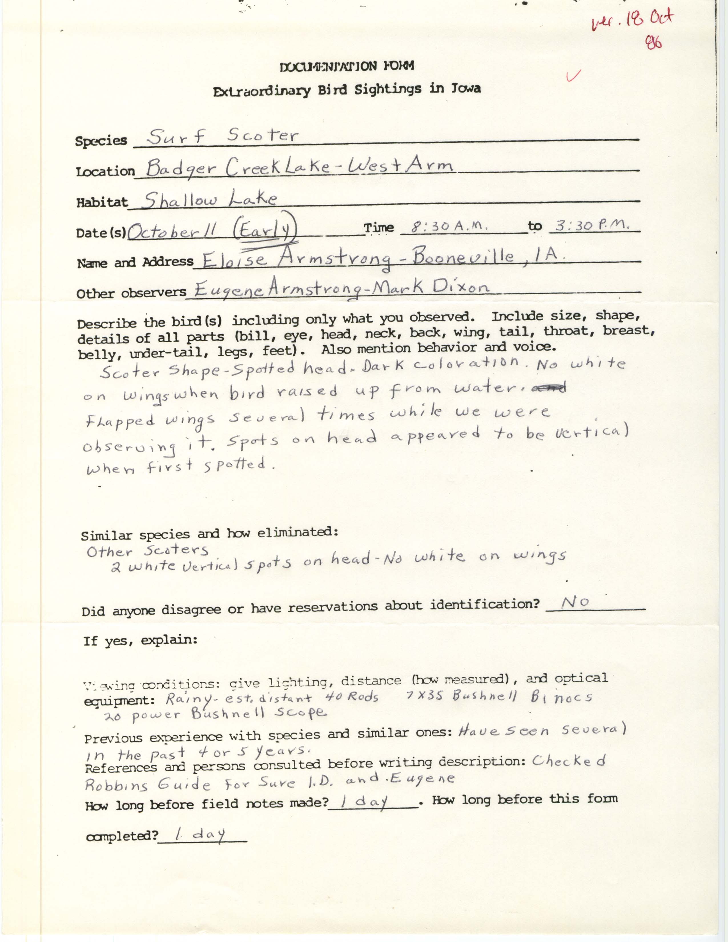 Rare bird documentation form for Surf Scoter at Badger Creek Lake, 1986