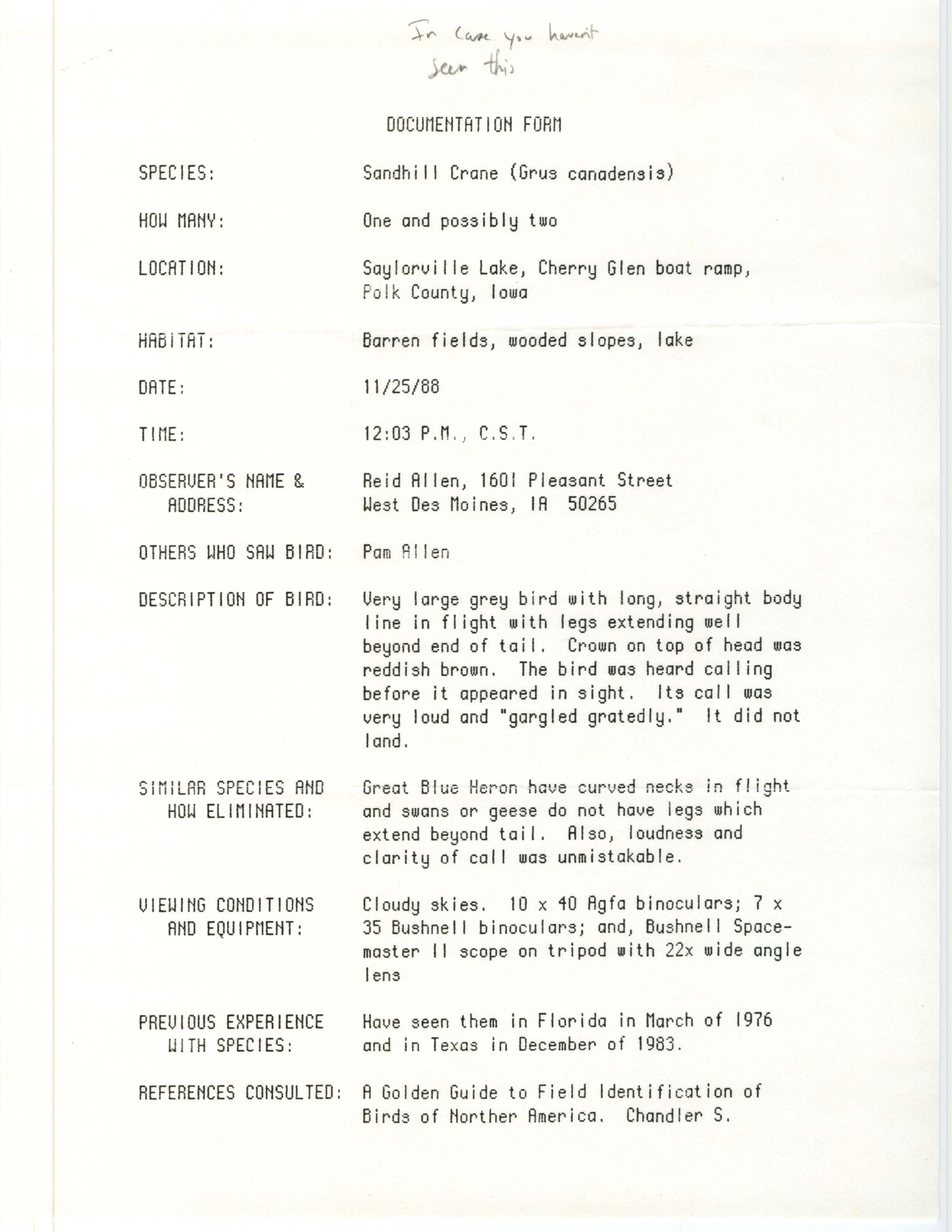 Rare bird documentation form for Sandhill Crane at Cherry Glen Saylorville Lake, 1988