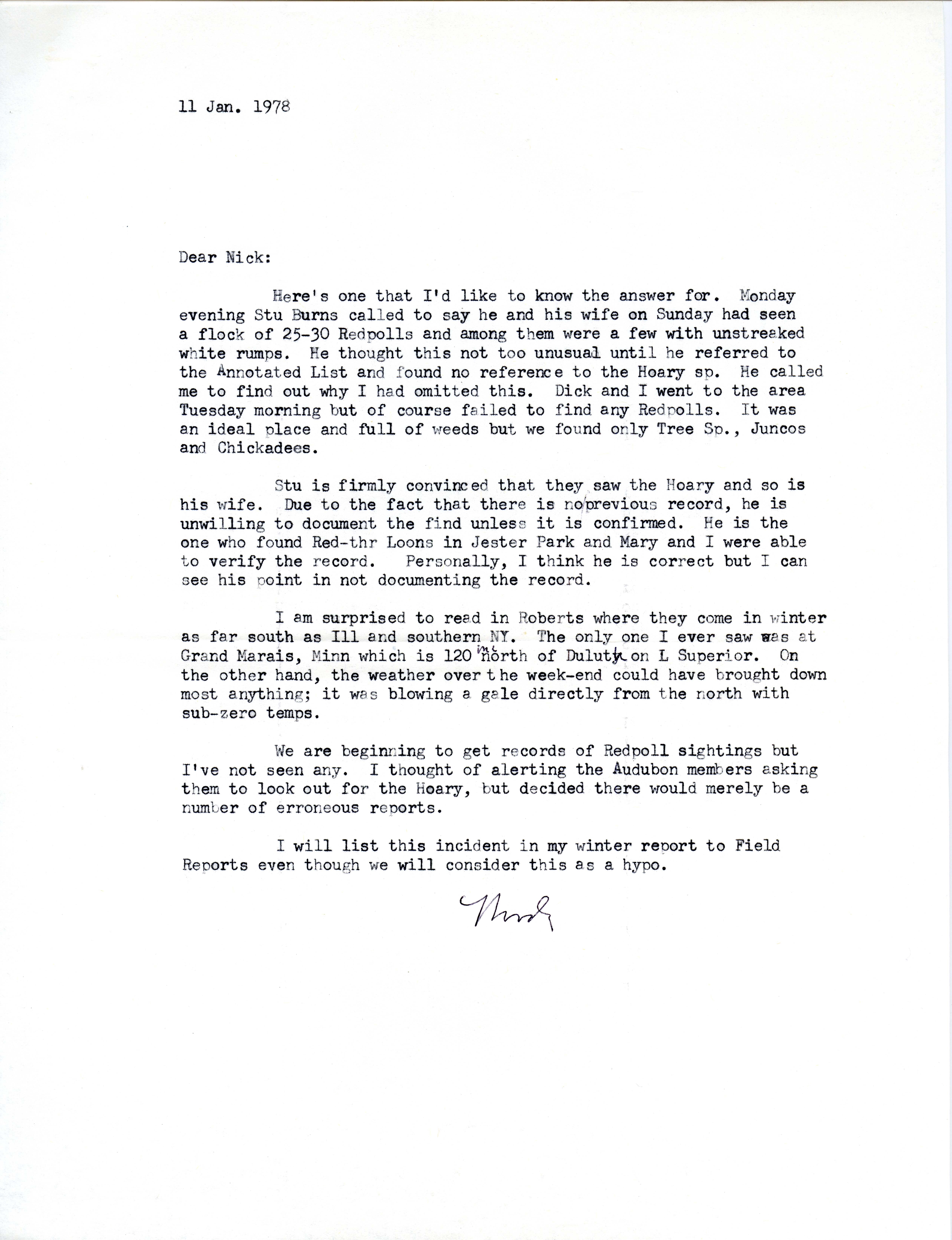 Woodward H. Brown letter to Nicholas S. Halmi regarding bird sightings, January 11, 1978