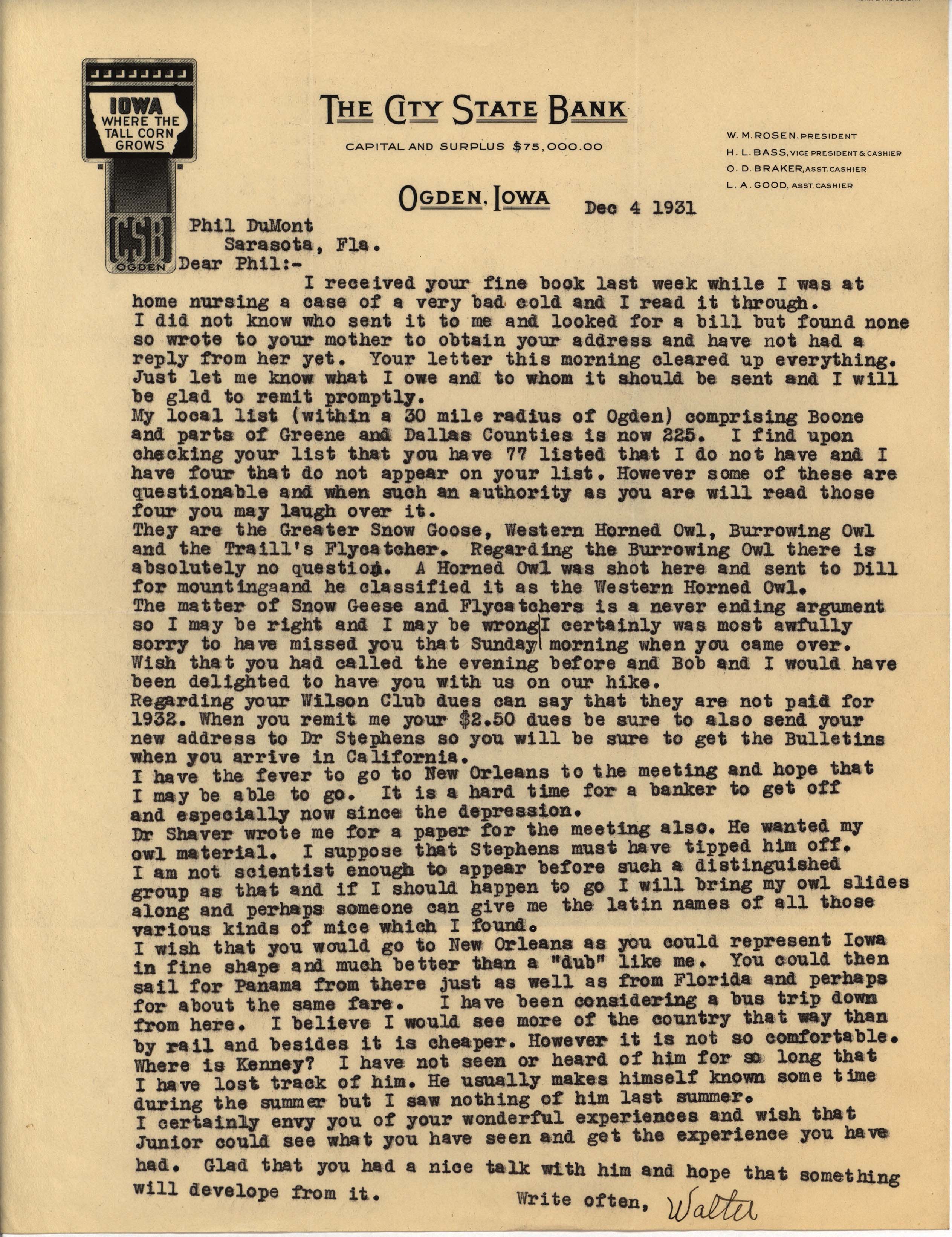 Walter Rosene letter to Philip DuMont regarding birds not included in his book, December 4, 1931
