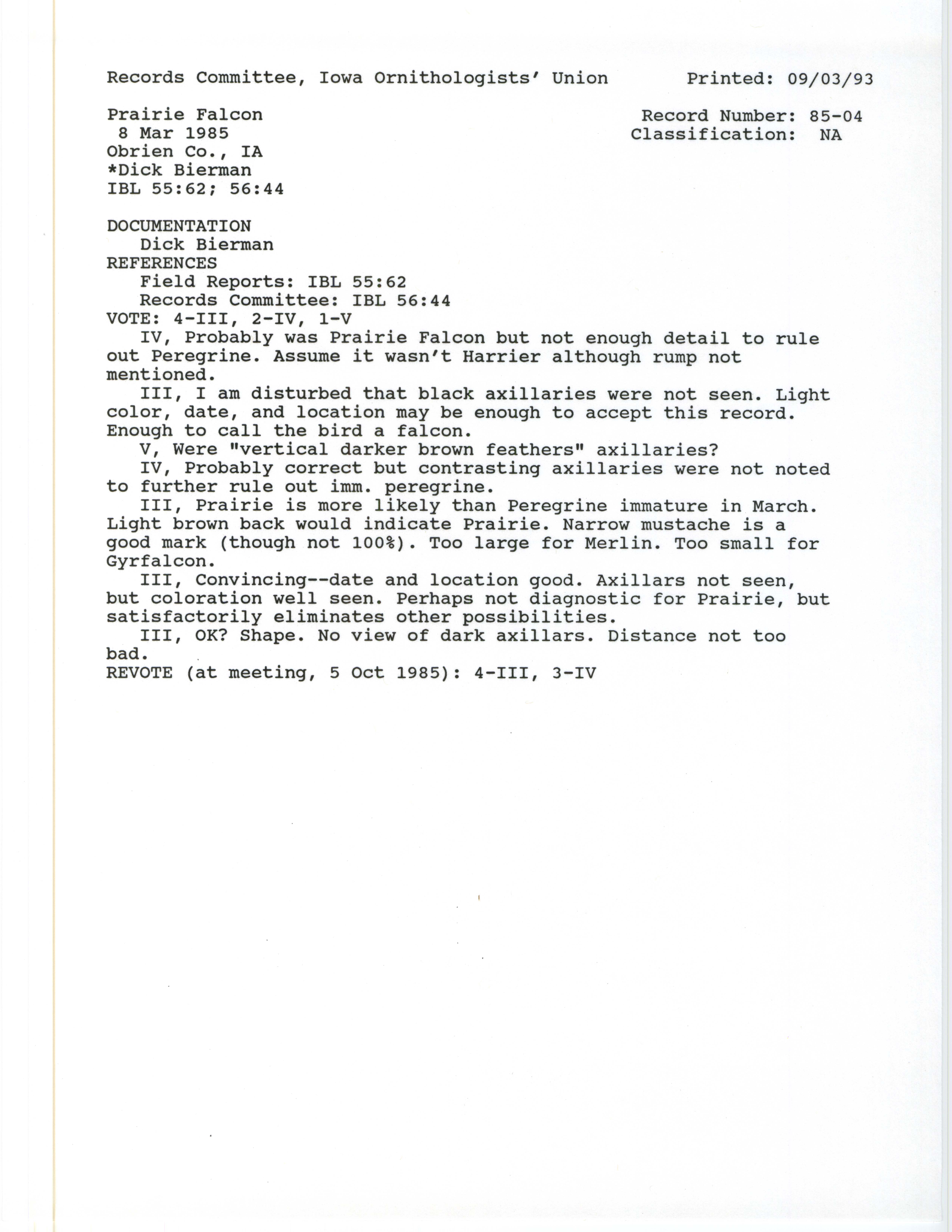 Records Committee review for rare bird sighting of Prairie Falcon southwest of Calumet, 1985