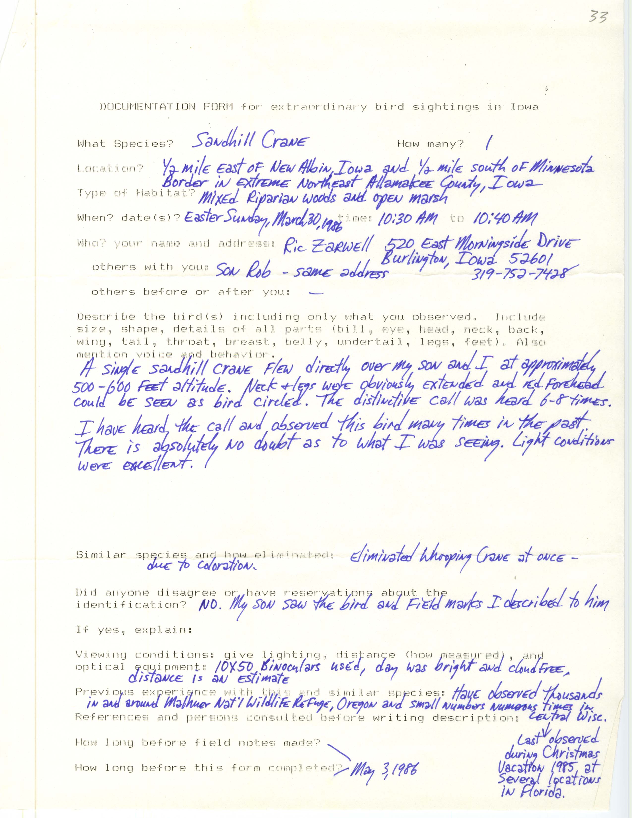 Rare bird documentation form for Sandhill Crane east of New Albin, 1986