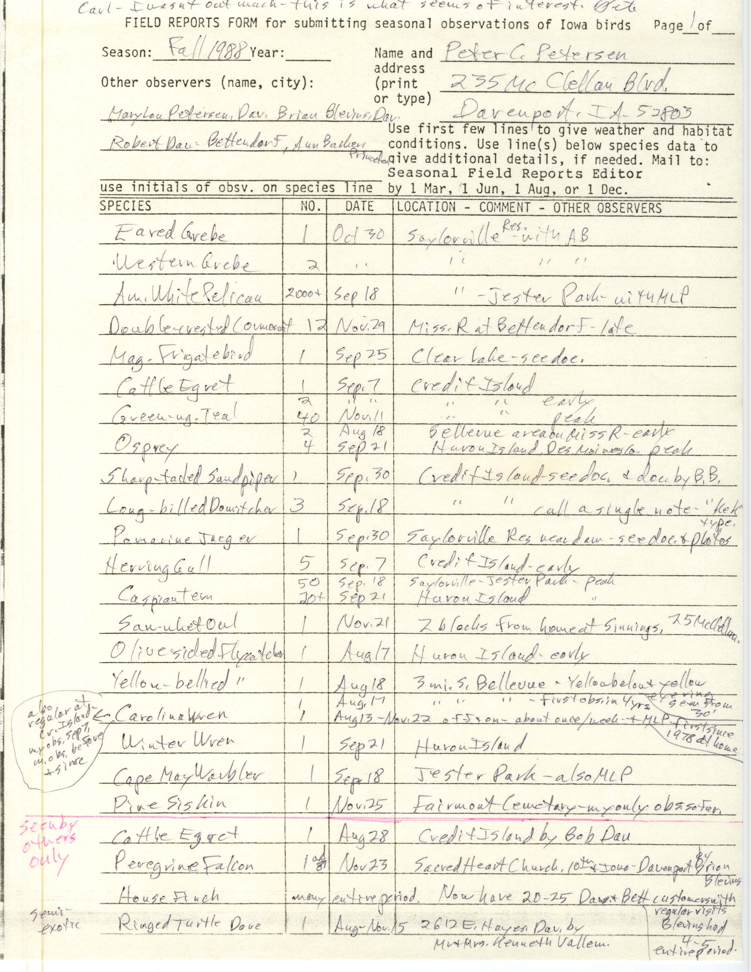 Field reports form for submitting seasonal observations of Iowa birds, Peter C. Petersen, fall 1988