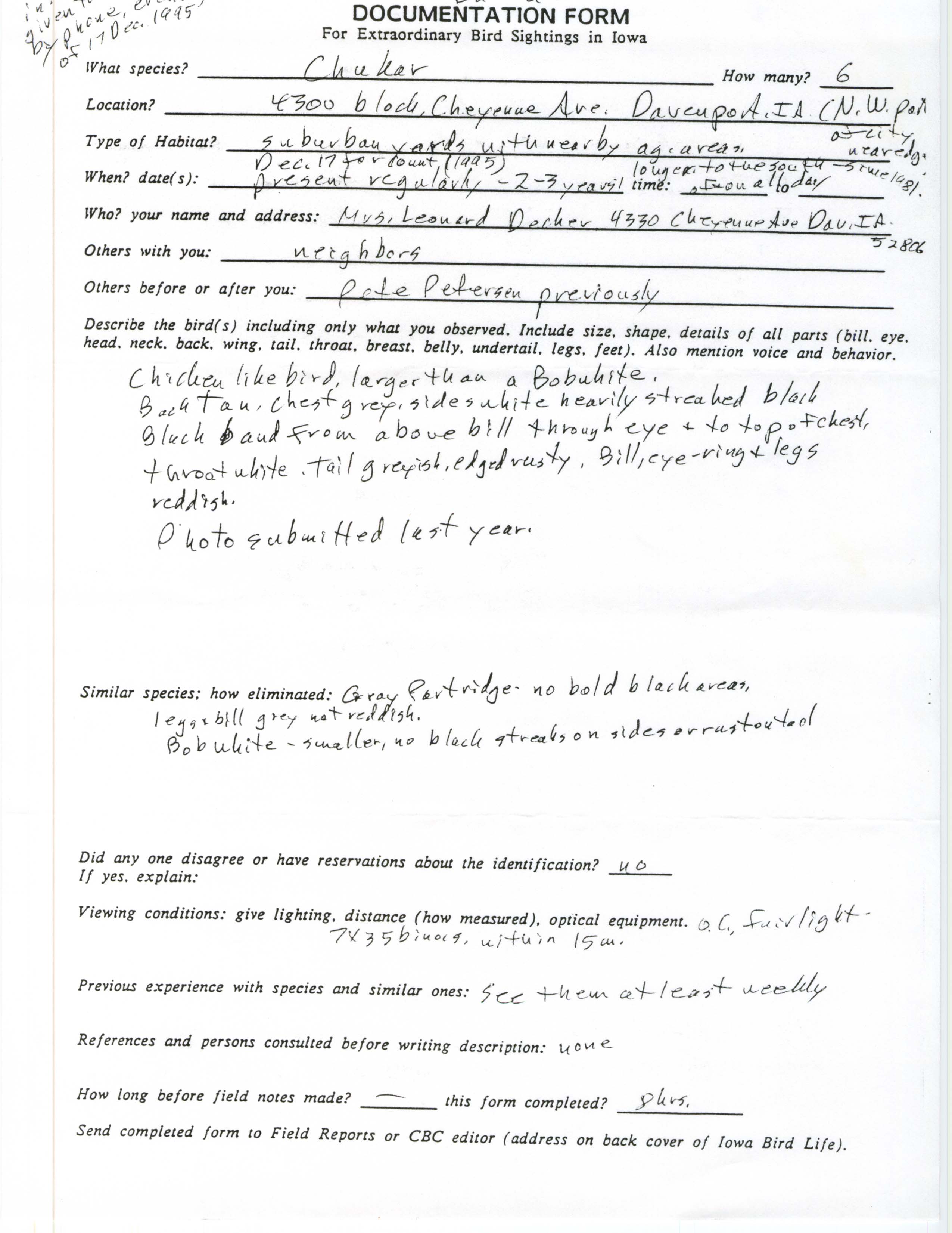 Rare bird documentation form for Chukar at Davenport in 1995