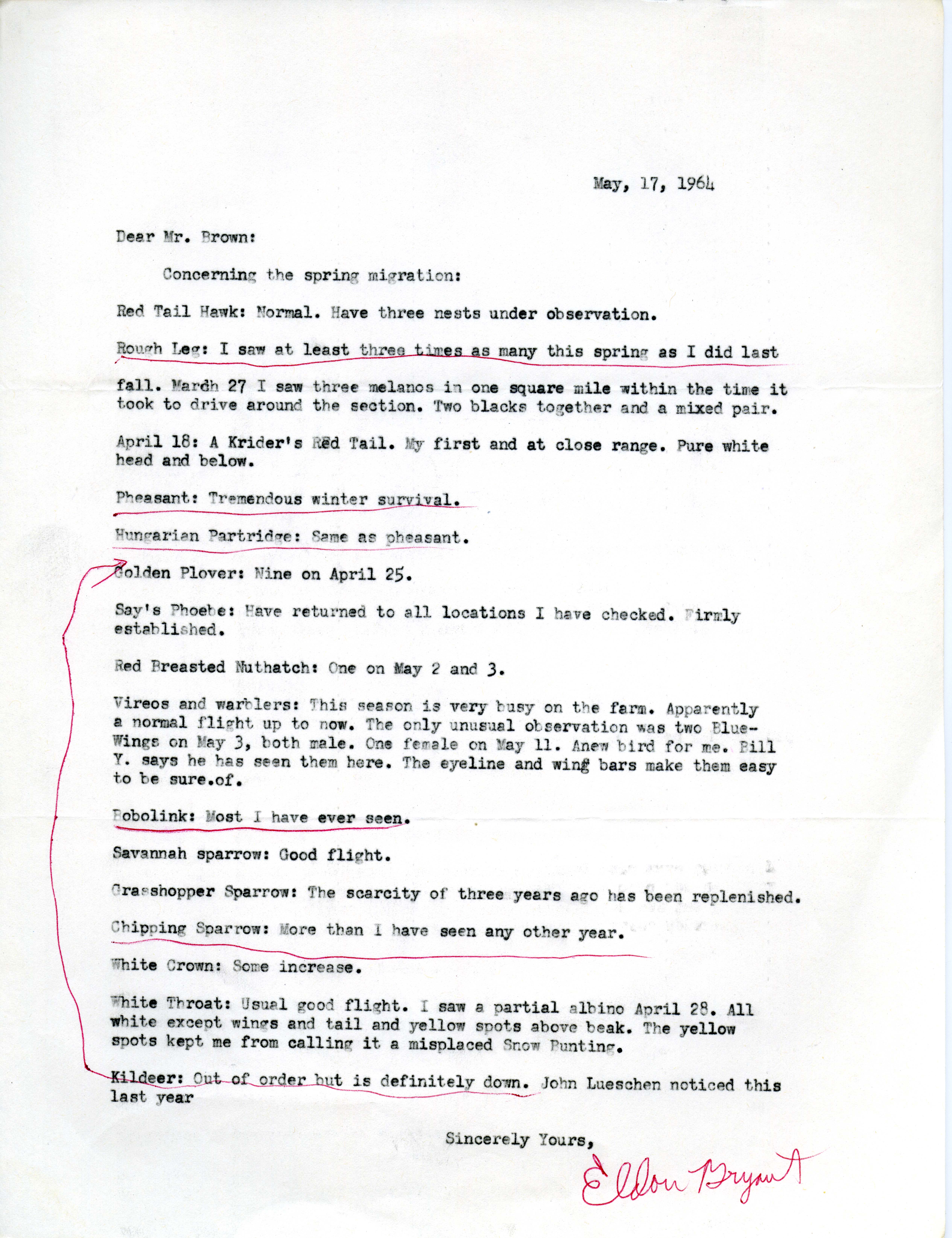 Eldon J. Bryant letter to Woodward H. Brown regarding spring migration, May 17, 1964
