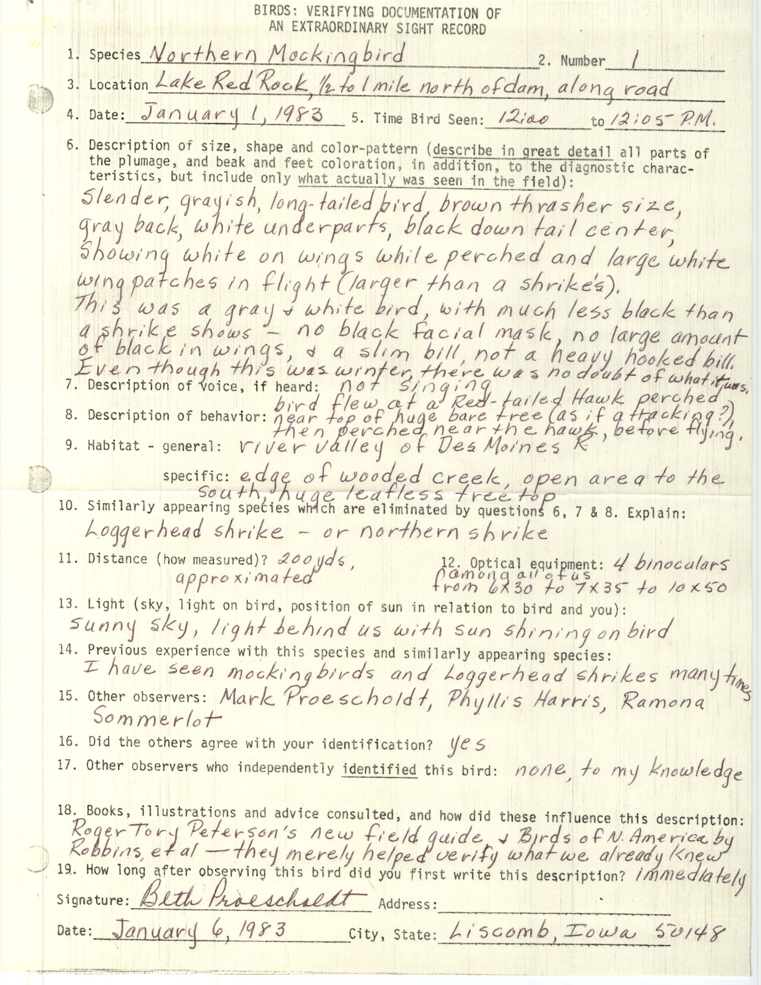 Rare bird documentation form for Northern Mockingbird at Lake Red Rock, 1983
