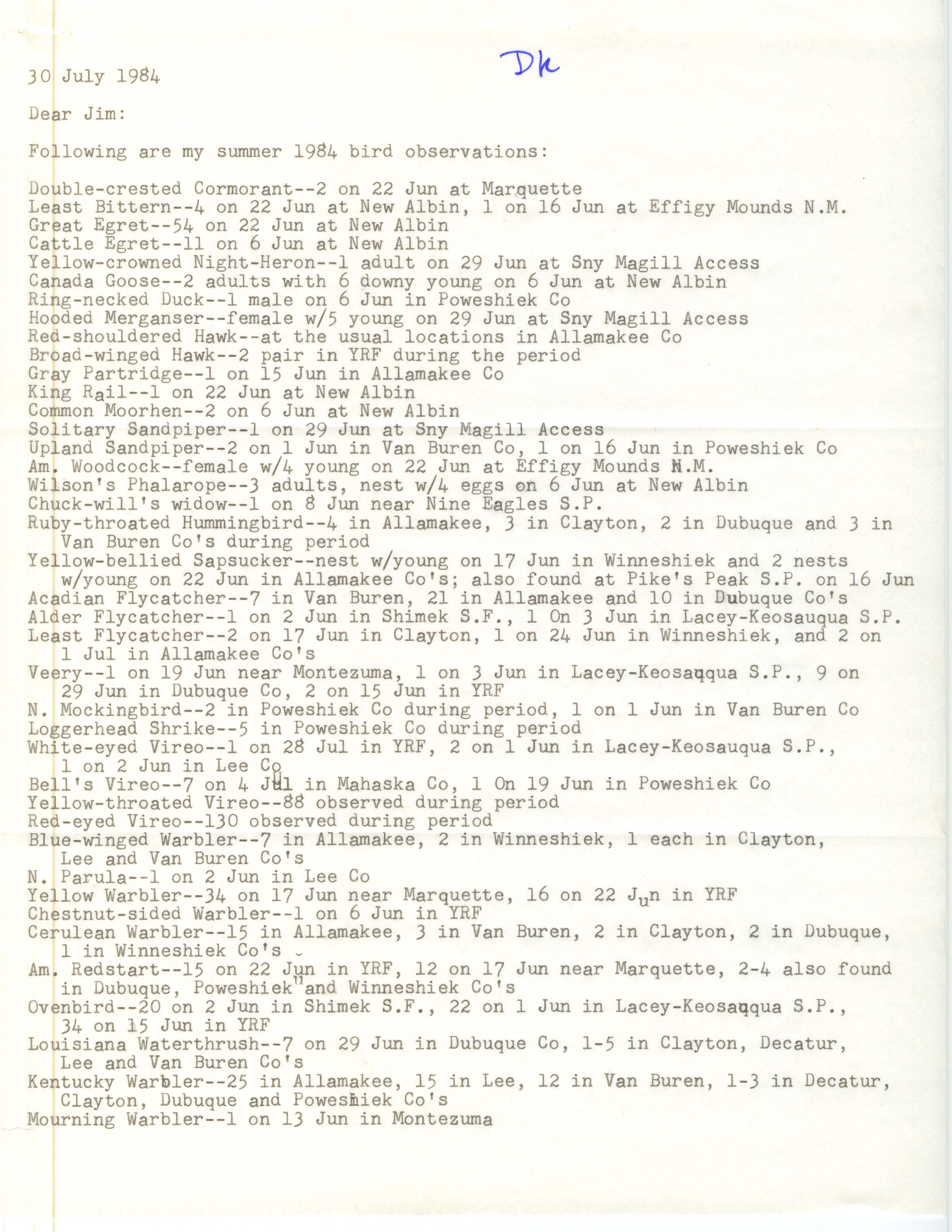 Darwin Koenig letter to James J. Dinsmore regarding birds sighted in summer 1984, July 30, 1984