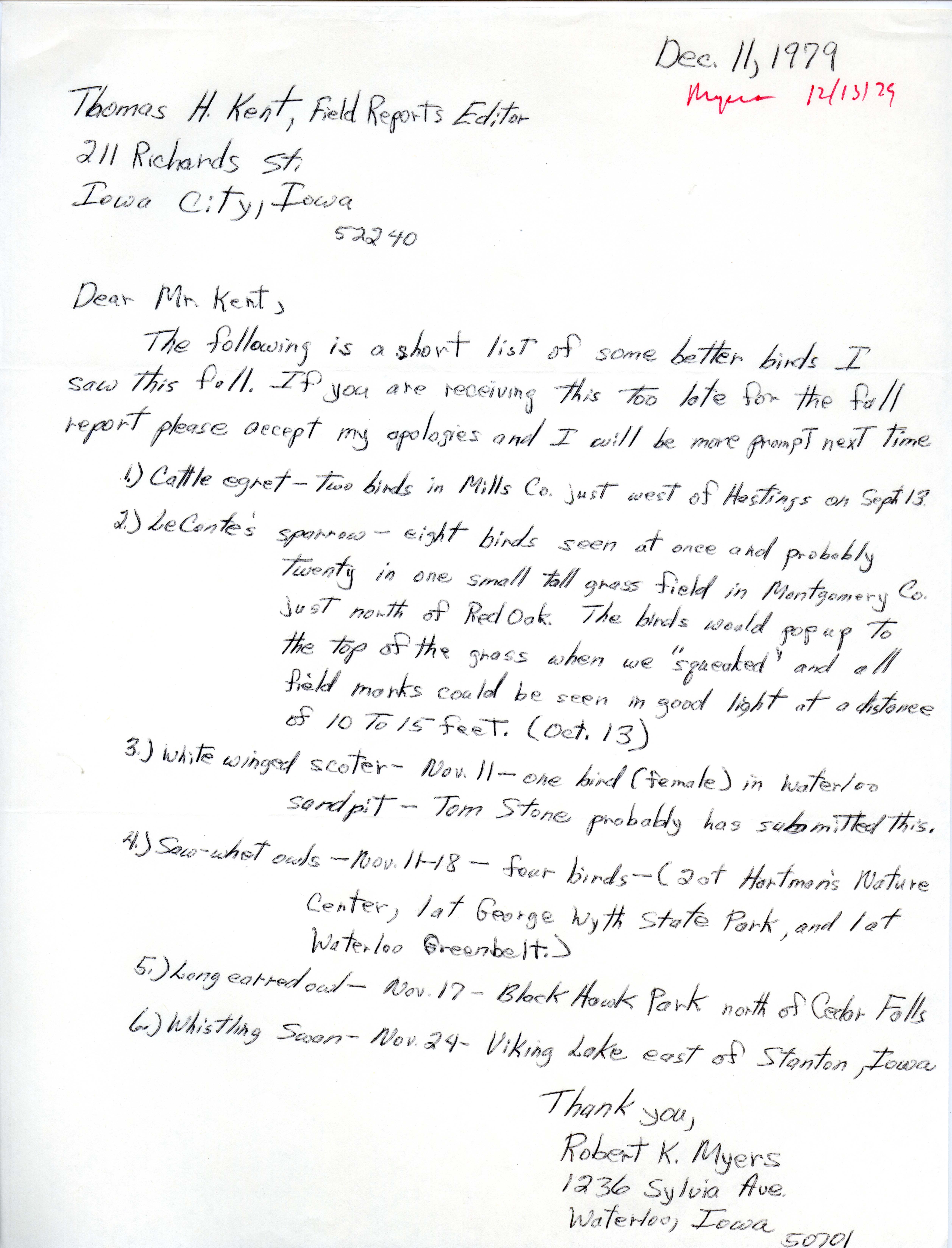 Robert K. Myers letter to Thomas H. Kent regarding bird sightings, December 11, 1979