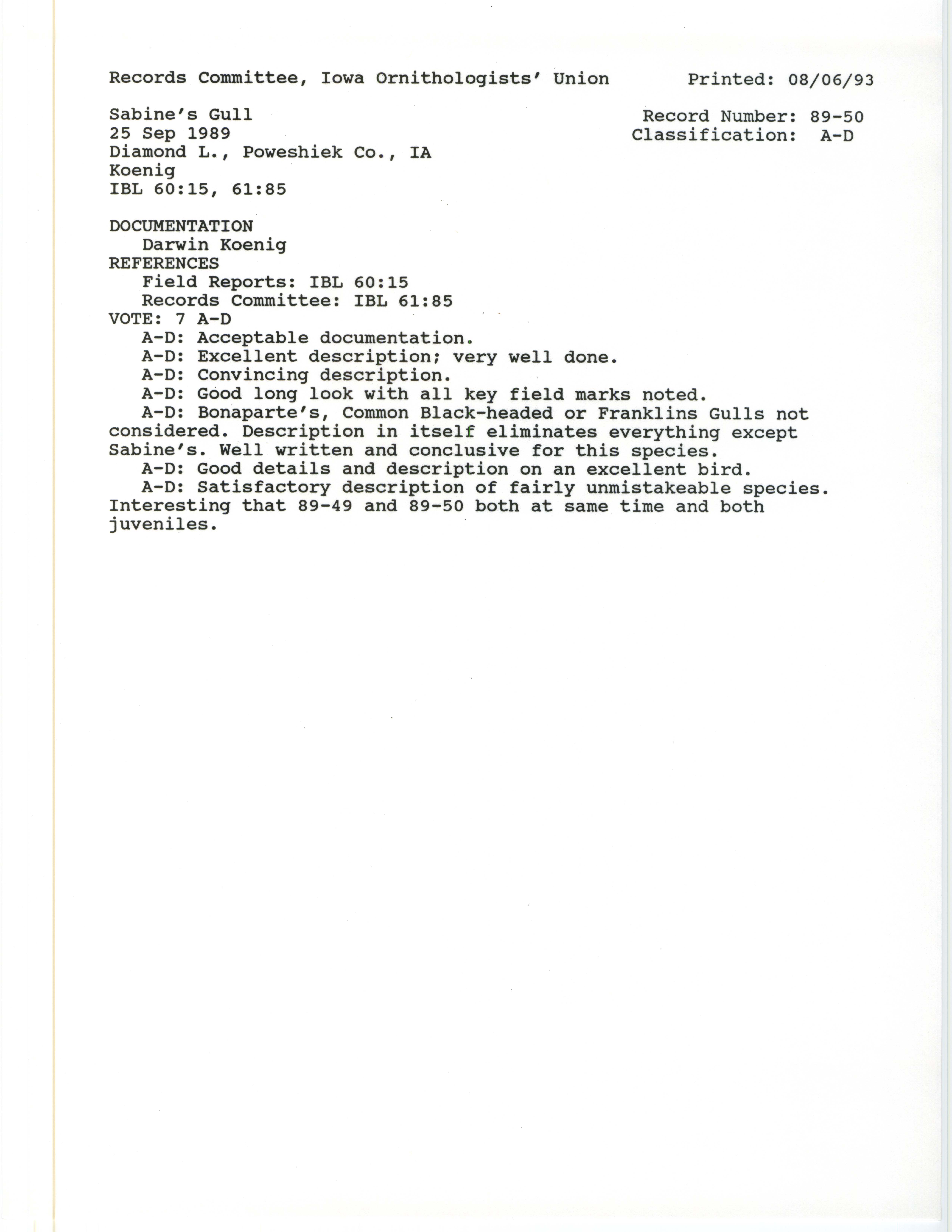 Records Committee review for rare bird sighting of Sabine's Gull at Diamond Lake County Park, 1989