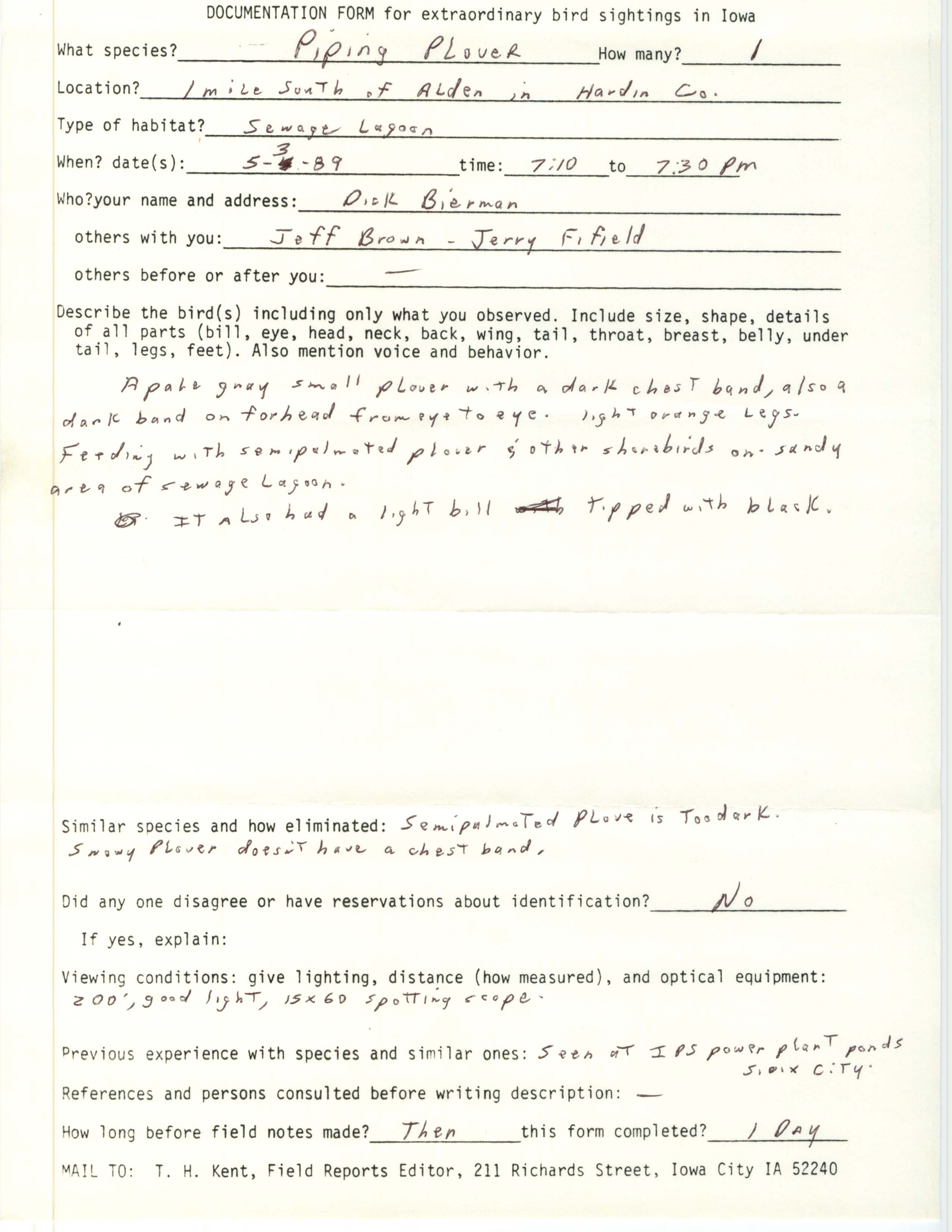 Rare bird documentation form for Piping Plover south of Alden, 1989