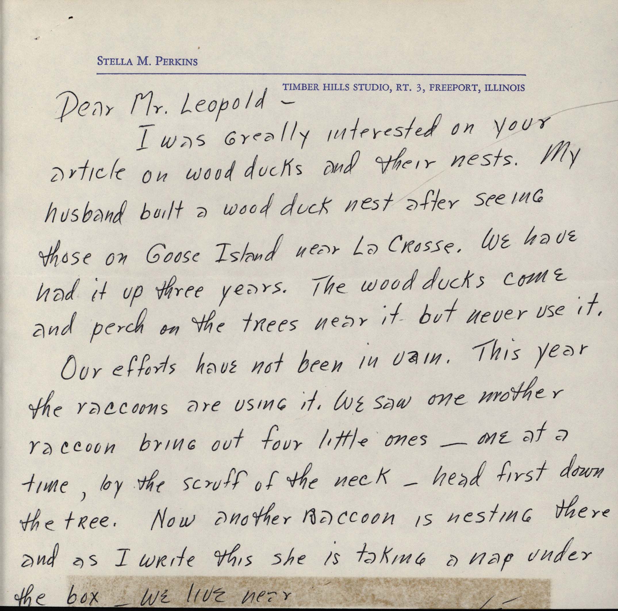 Stella M. Perkins letter to Frederic Leopold regarding Wood Duck houses 
