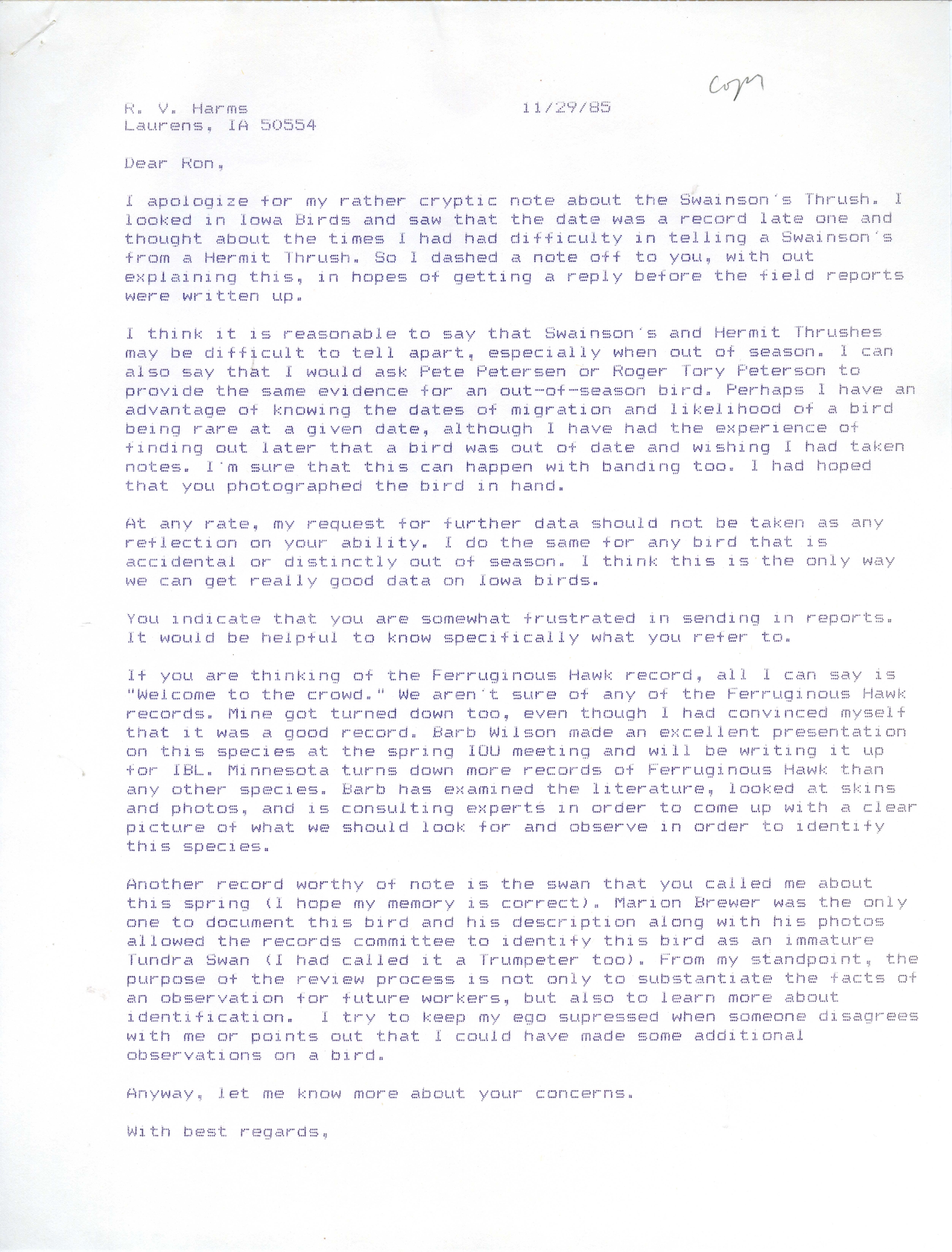 Thomas Kent letter to Ronald Harms regarding Swainson's Thrush, November 29, 1985