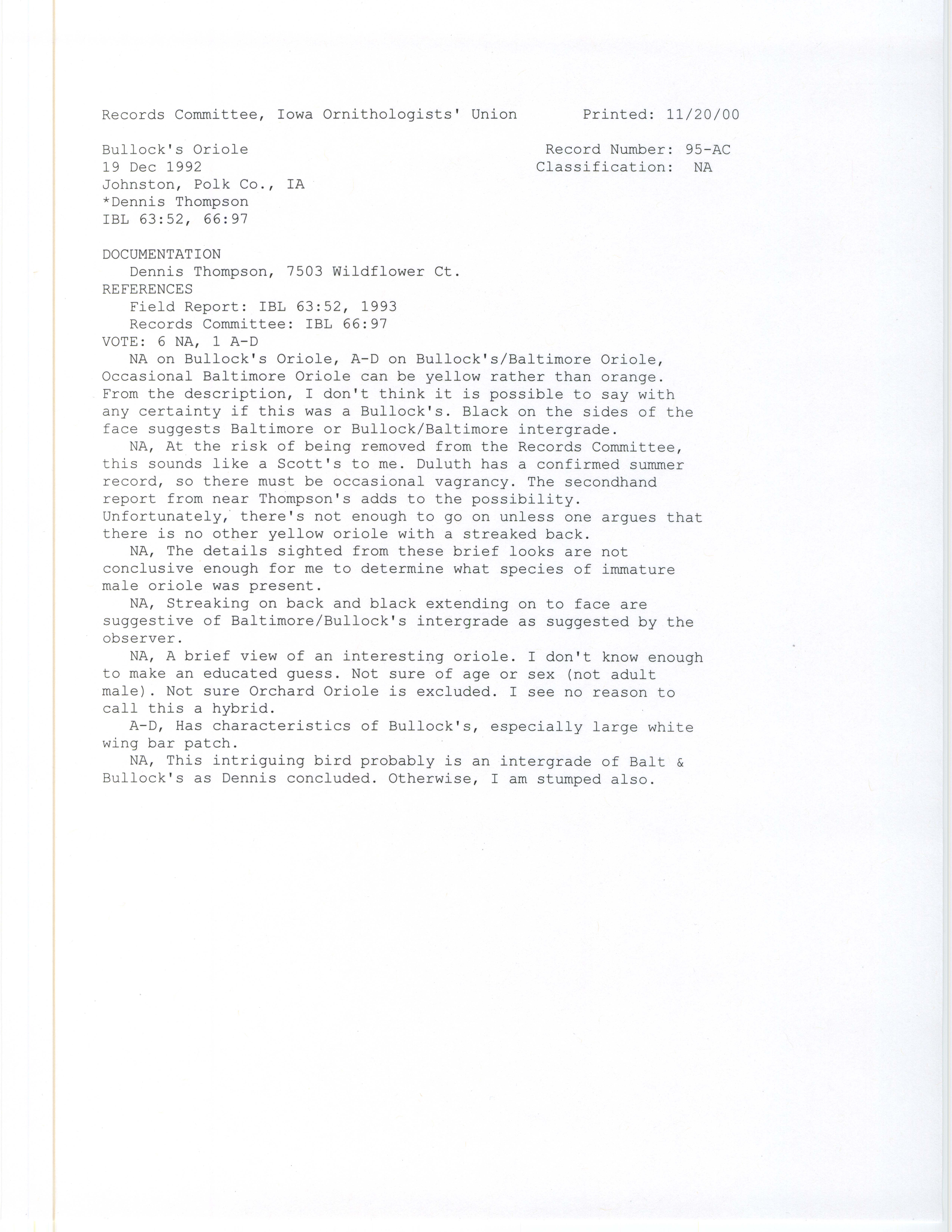 Records Committee review for rare bird sighting for Bullock's Oriole at Johnston, 1992