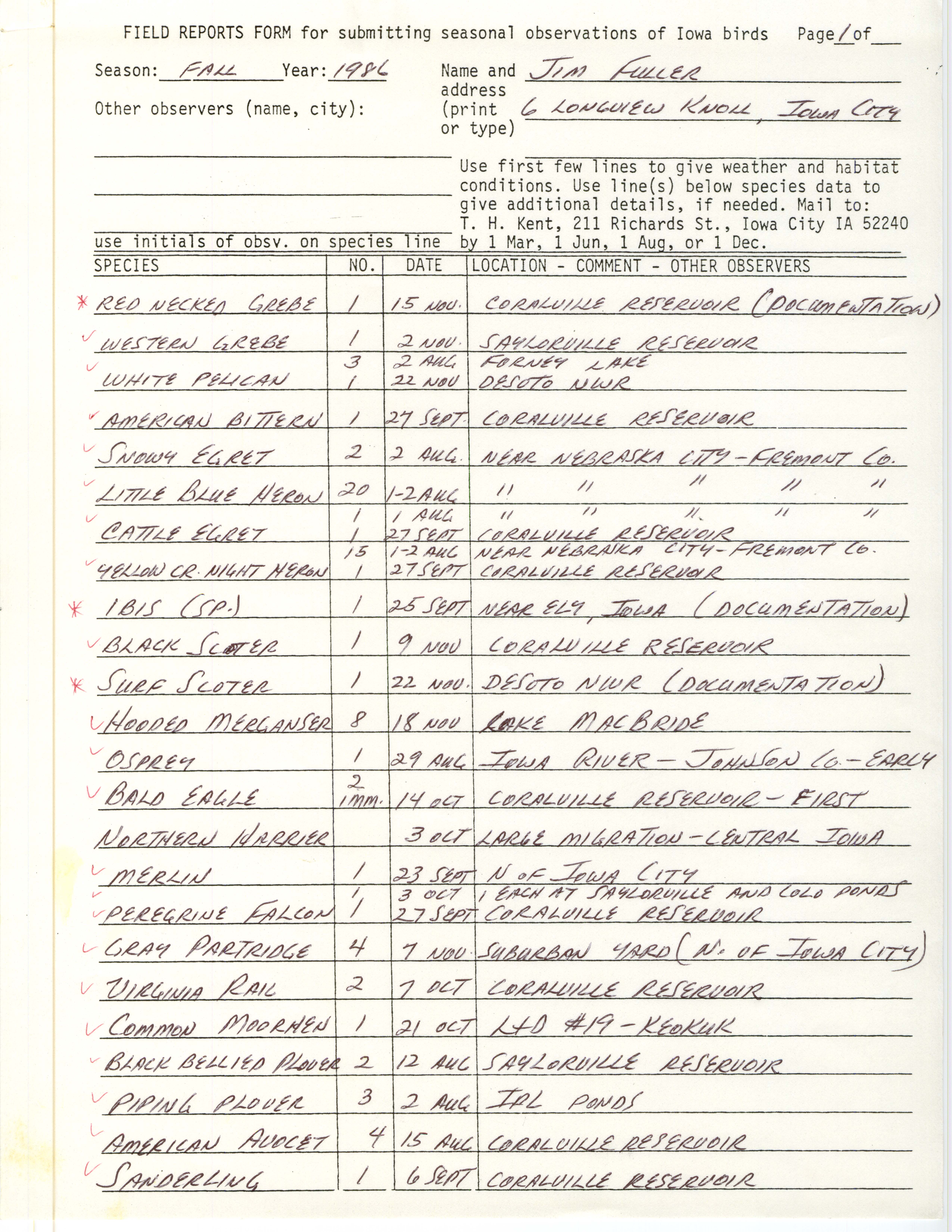 Field reports form, contributed by Jim L. Fuller, fall 1986