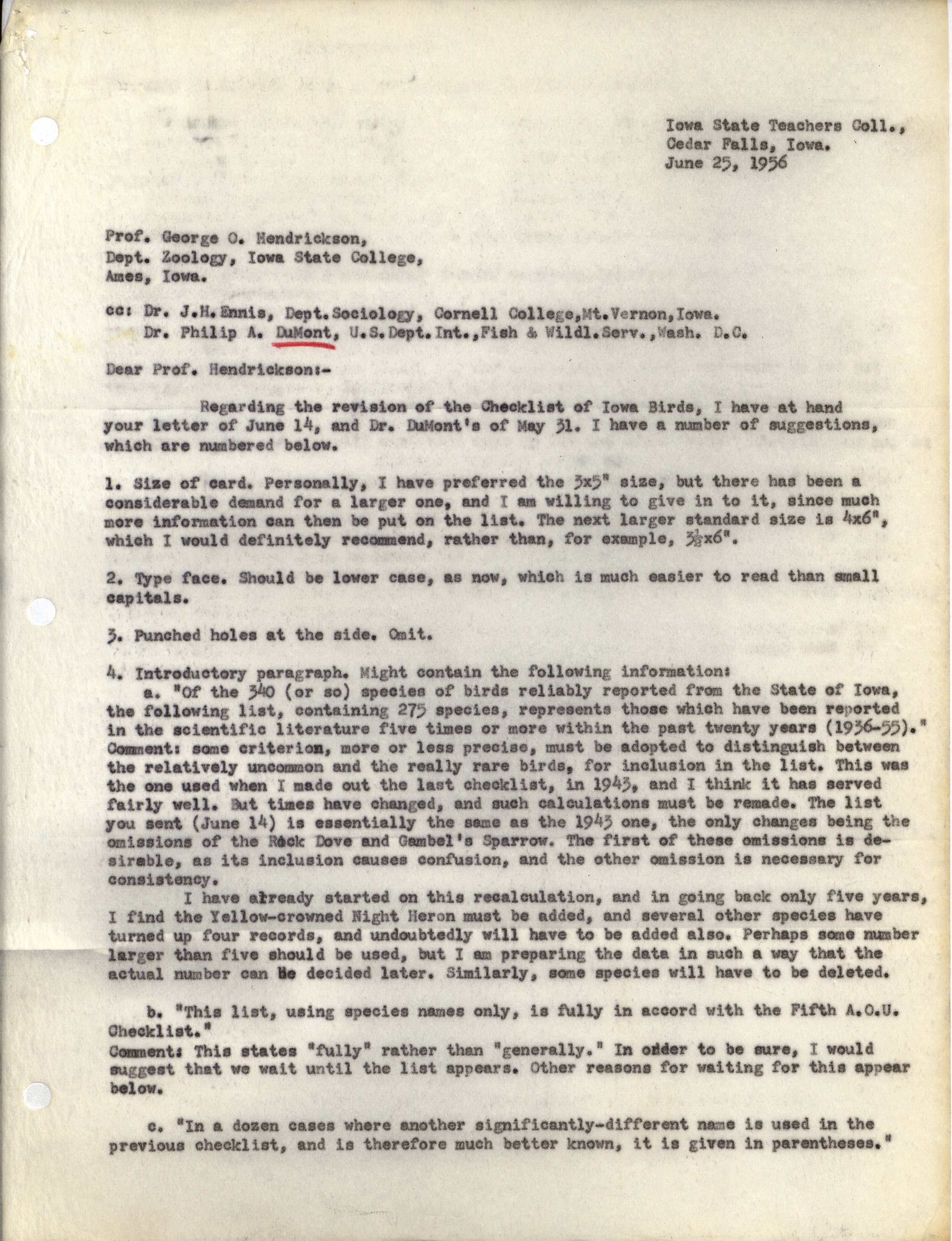 Martin Grant letter to George Hendrickson regarding Checklist of Iowa Birds, June 25, 1956