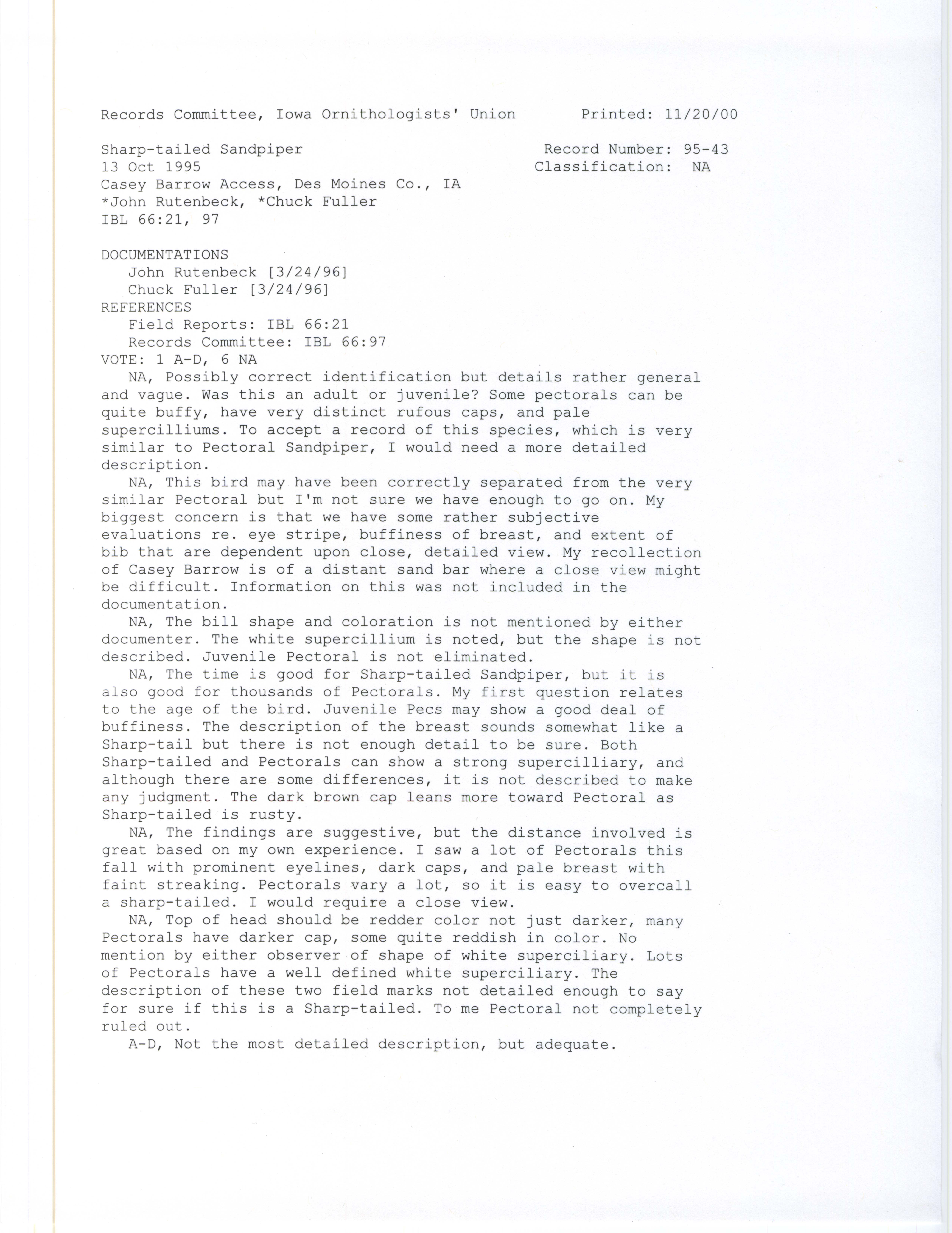 Records Committee review for rare bird sighting of Sharp-tailed Sandpiper at Casey Barrow Access, 1995