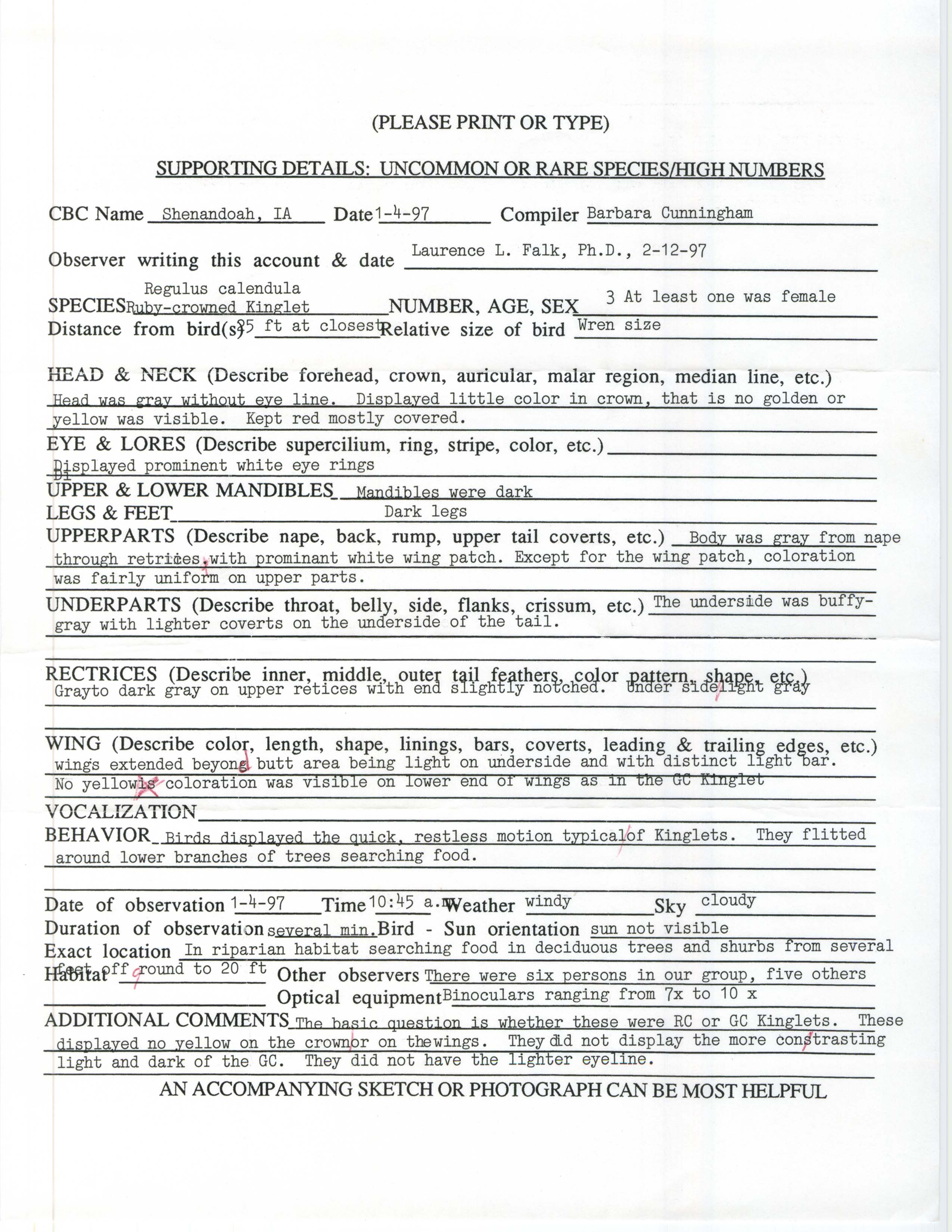 Rare bird documentation form for Ruby-crowned Kinglet at Shenandoah, 1997