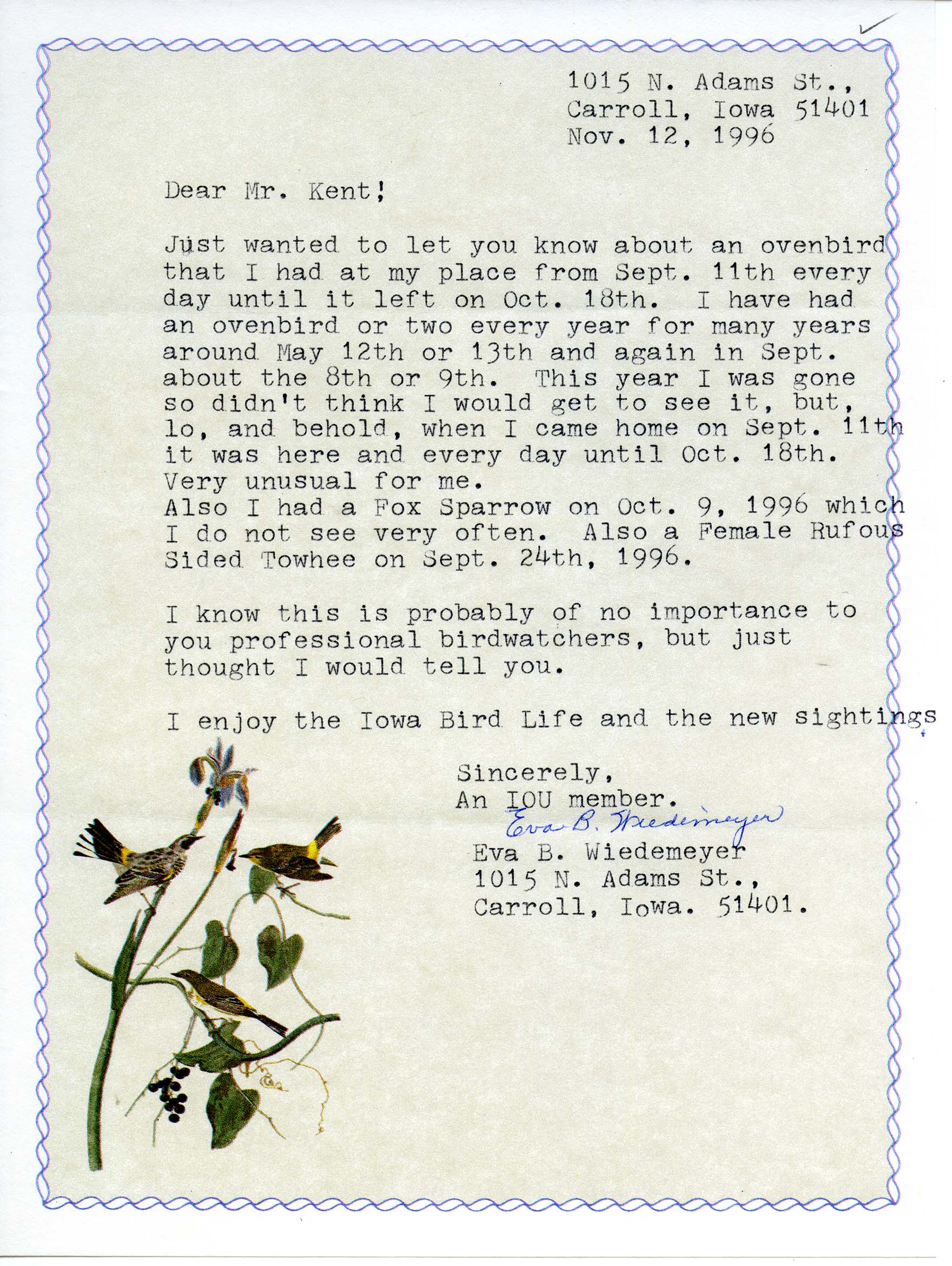 Eva B. Wiedemeyer letter to Thomas H. Kent regarding an Ovenbird sighting, November 12, 1996