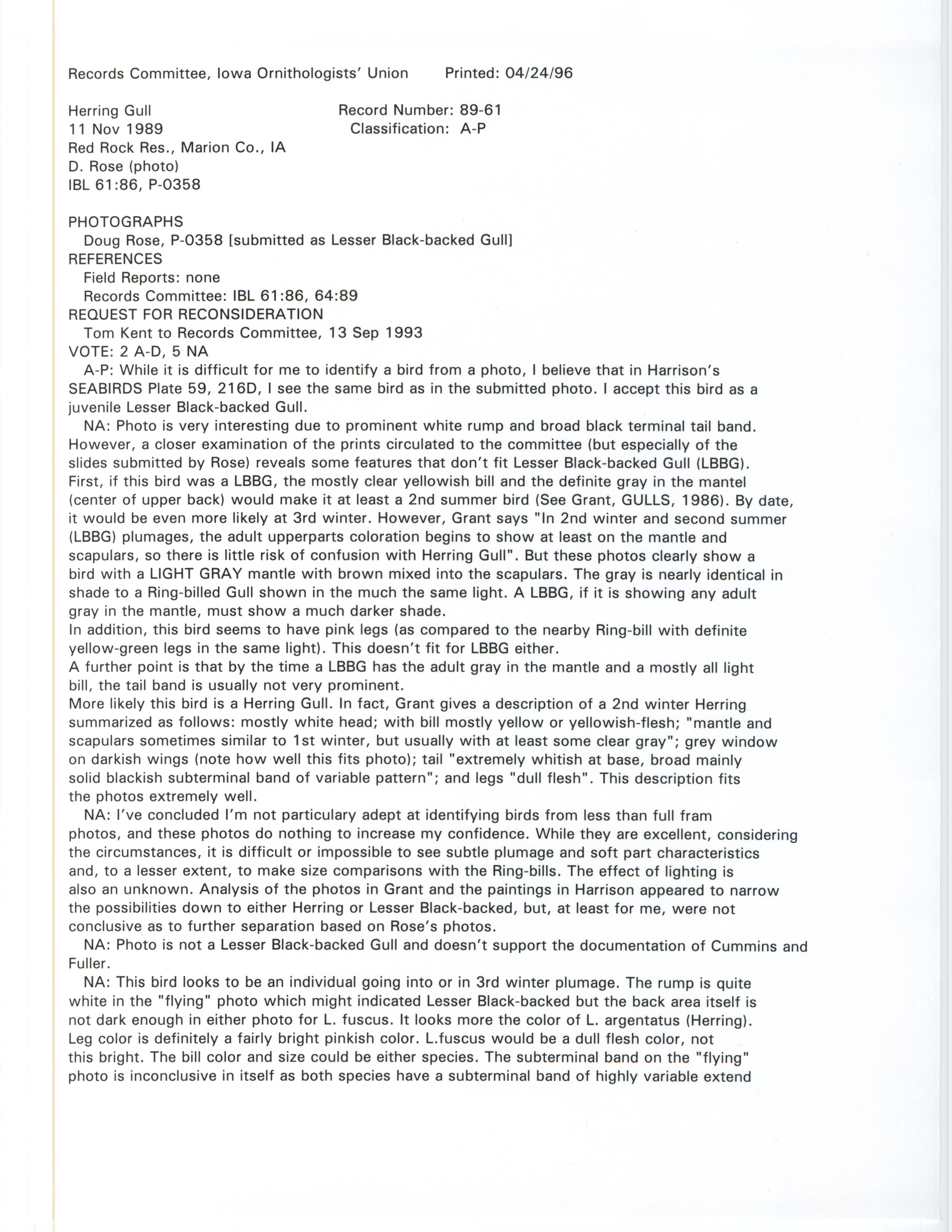 Records Committee review for rare bird sighting for Herring Gull at Red Rock Reservoir in Marion County in 1989
