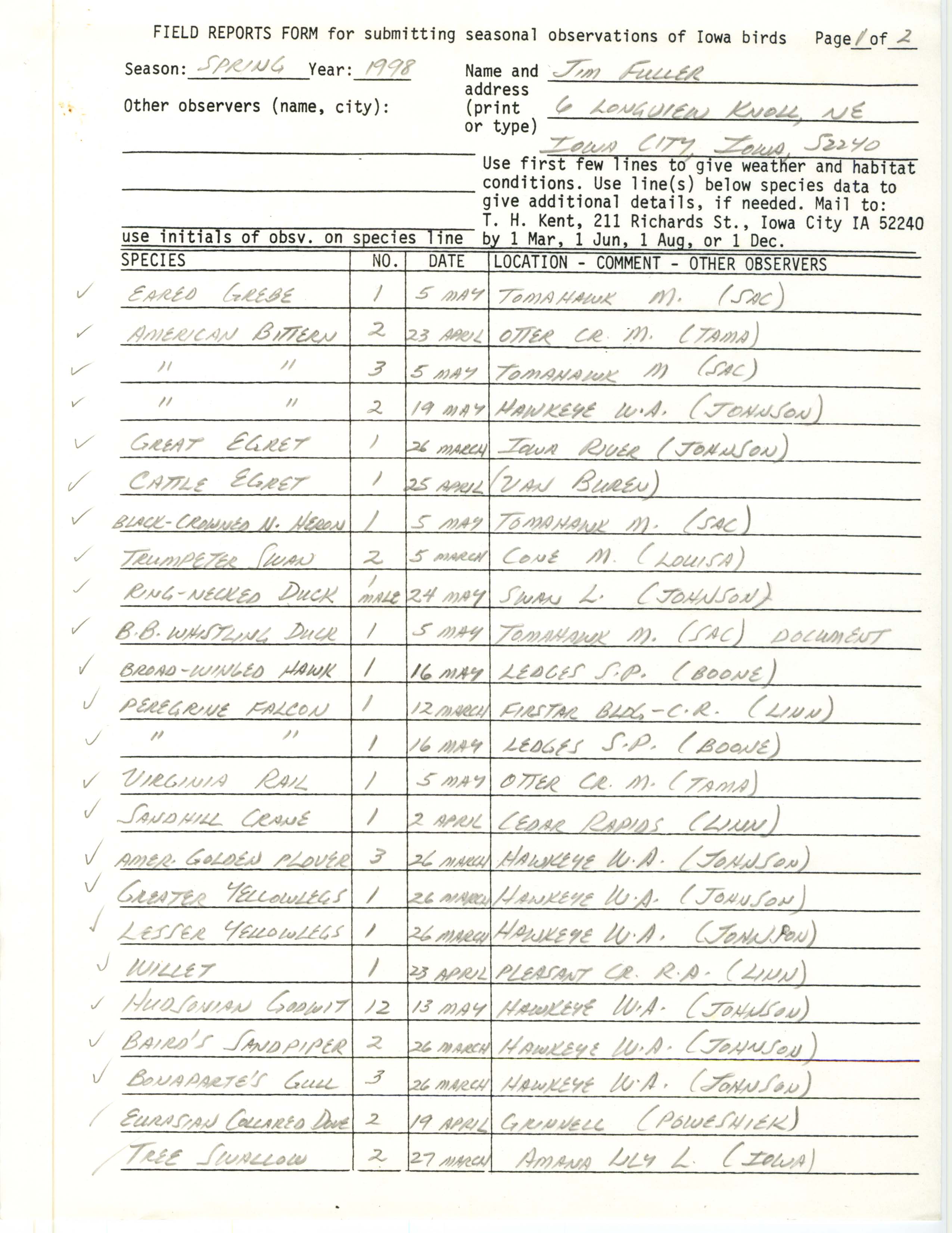Field reports form for submitting seasonal observations of Iowa birds, Jim Fuller, spring 1998