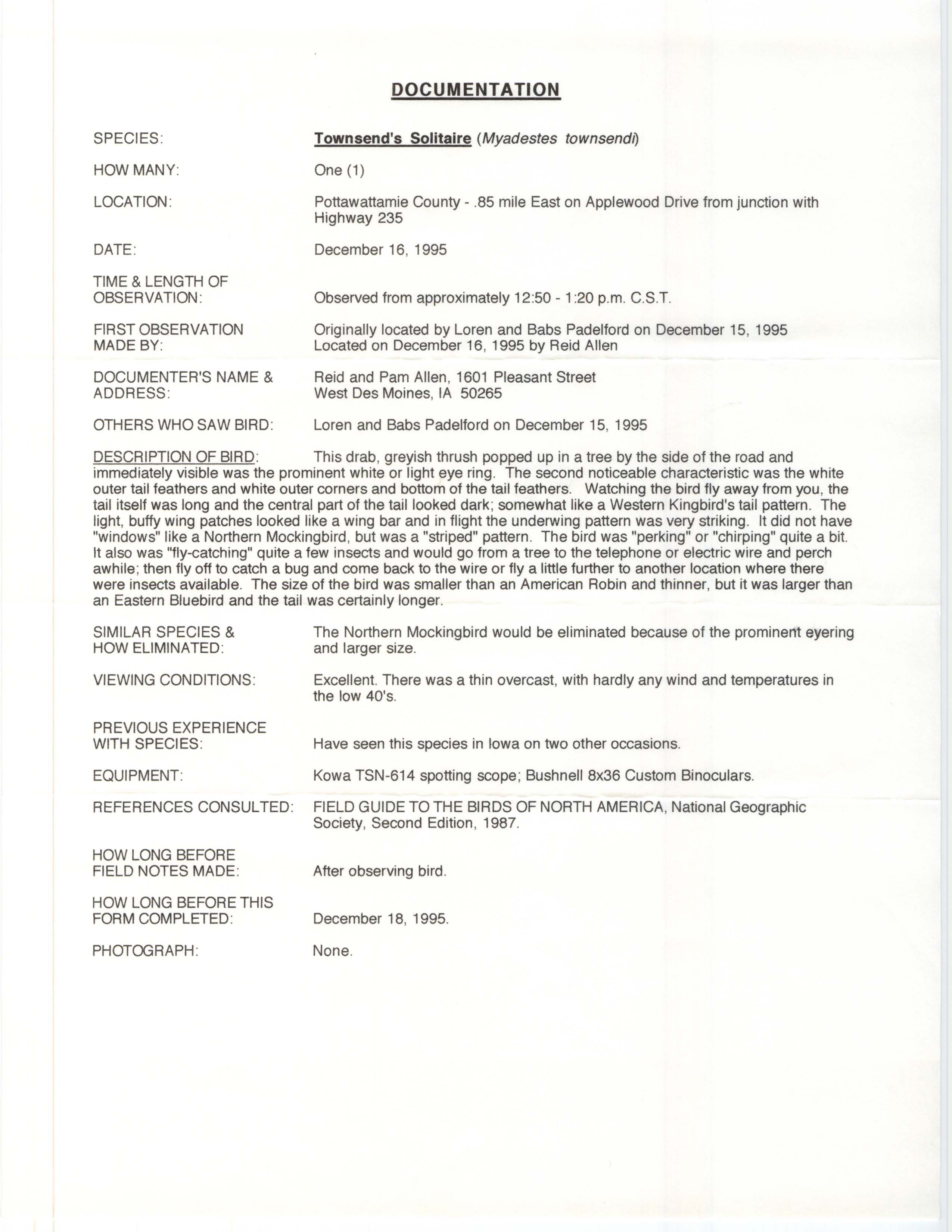Rare bird documentation form for Townsend's Solitaire in Pottawattamie County, 1995