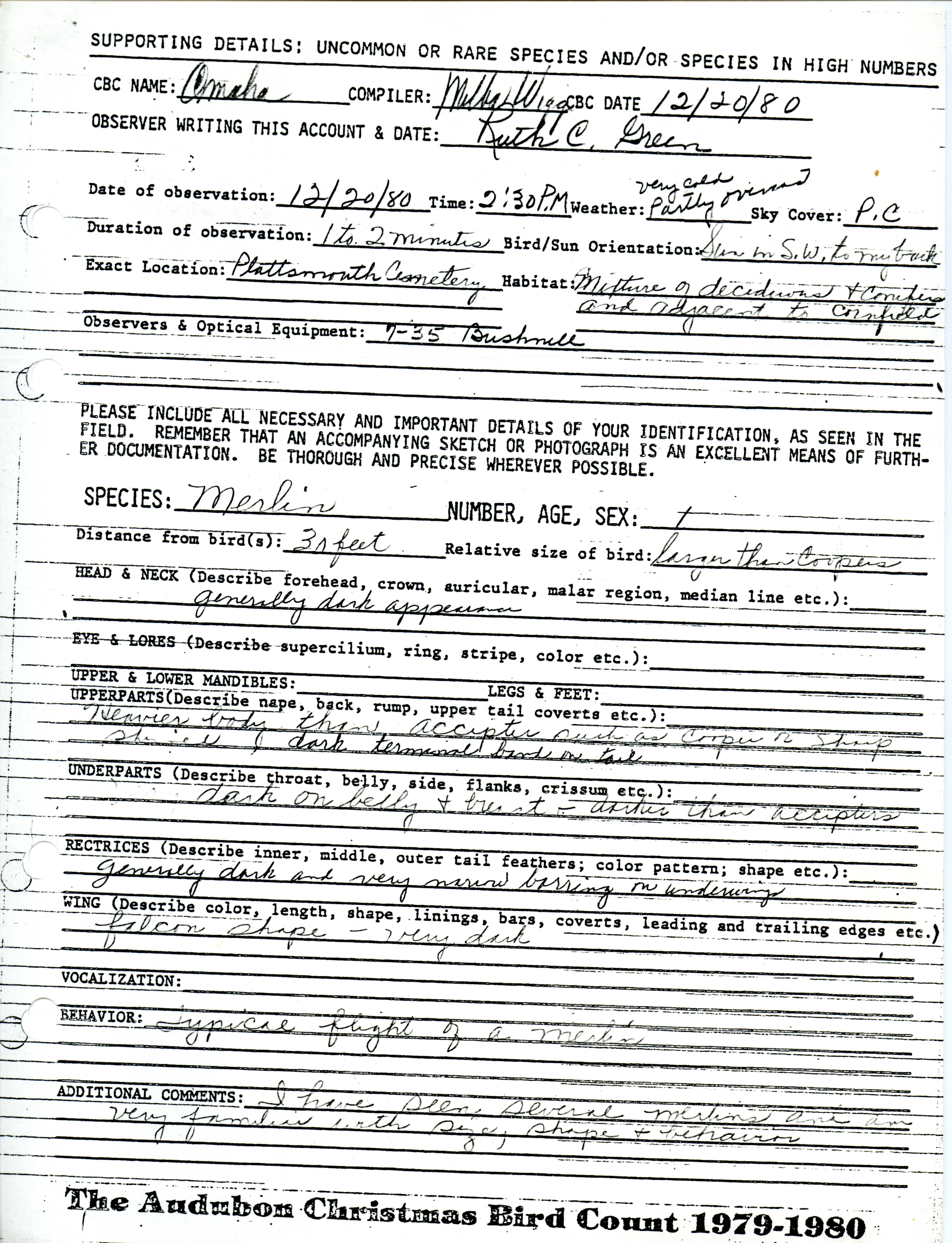 Supporting details form for Merlin sighting submitted by Ruth Green, December 20 1980