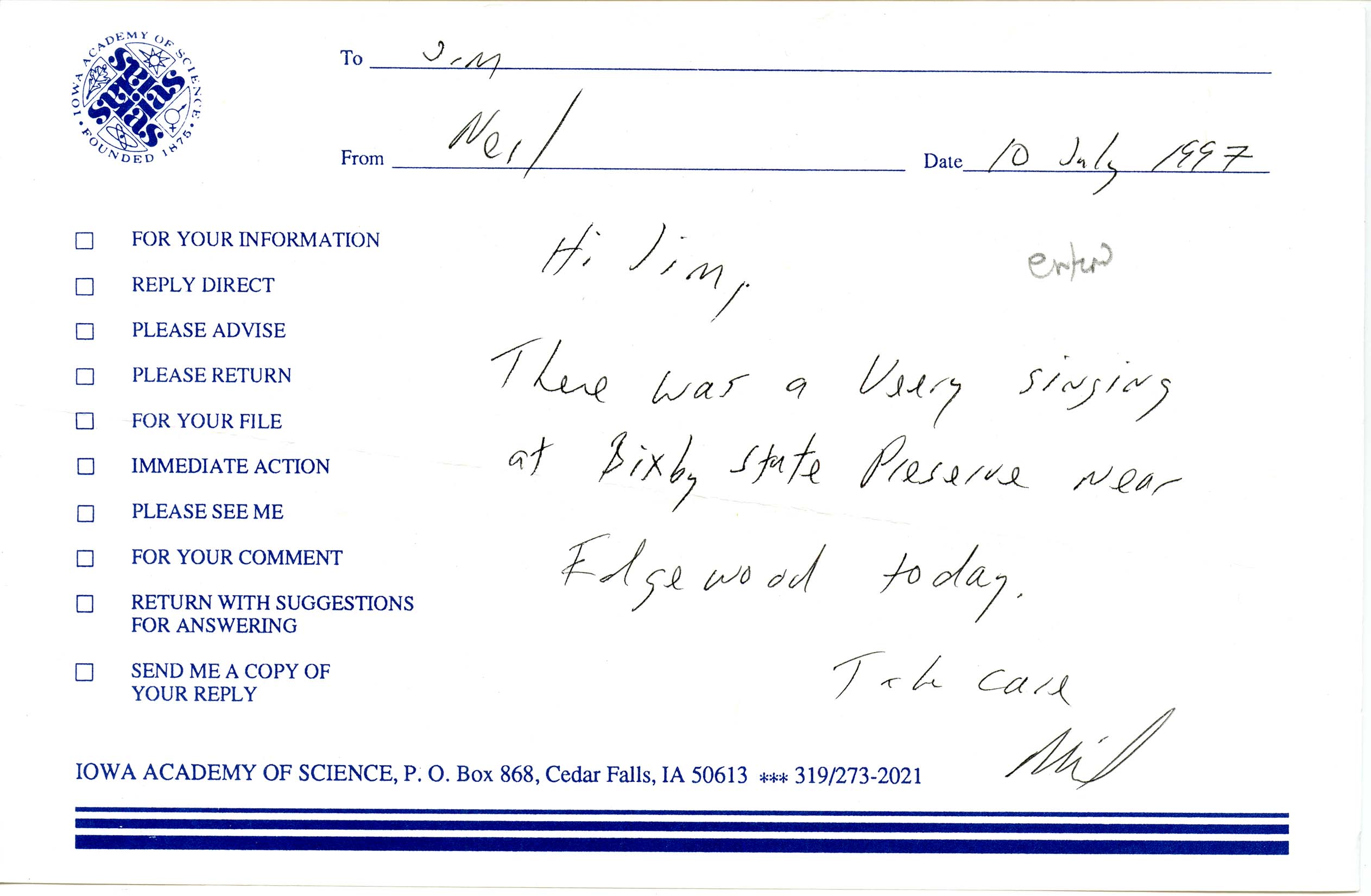 Neil Bernstein letter to James J. Dinsmore regarding a Veery sighting, July 10, 1997