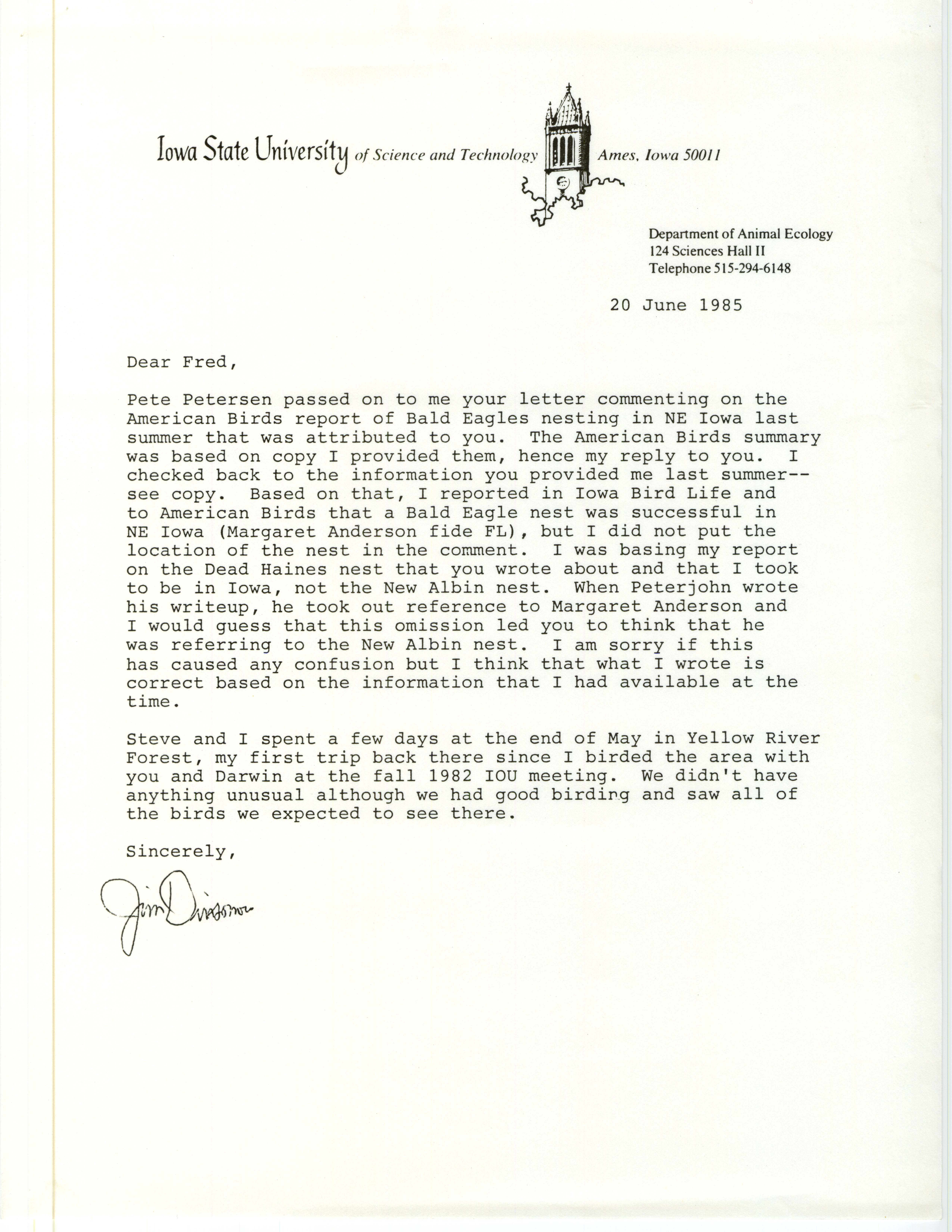 James J. Dinsmore letter to Fred Lesher regarding location of a Bald Eagle nest, June 20, 1985