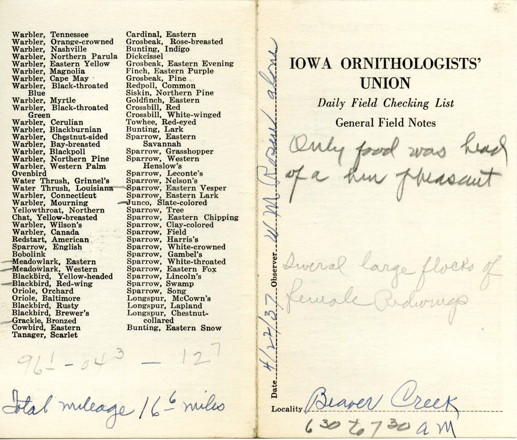 Daily field checking list by Walter Rosene, April 22, 1937