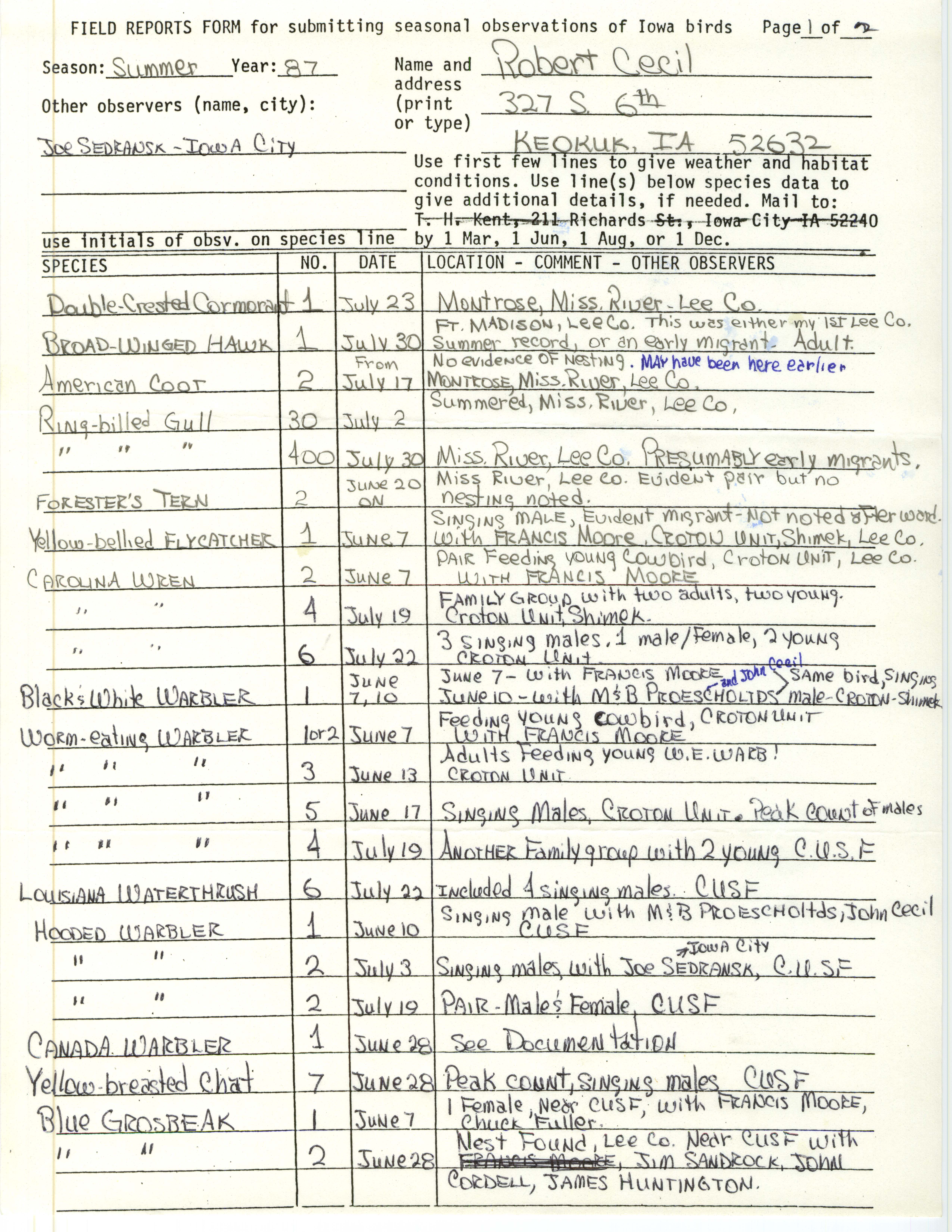 Field reports form for submitting seasonal observations of Iowa birds, Robert I. Cecil, summer 1987