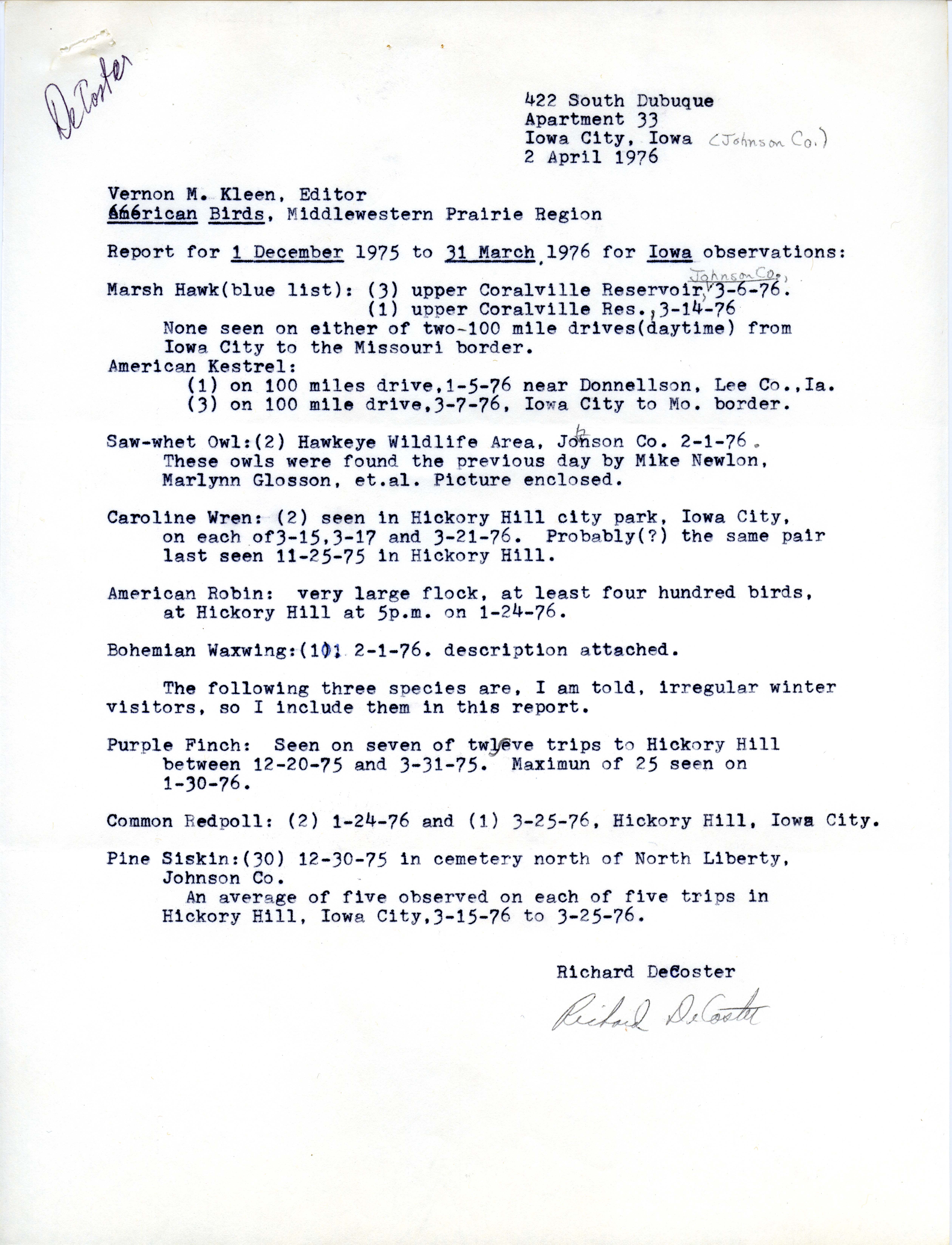 Richard DeCoster letter to Vernon Kleen regarding Iowa bird observations for winter 1975/1976, April 2, 1976