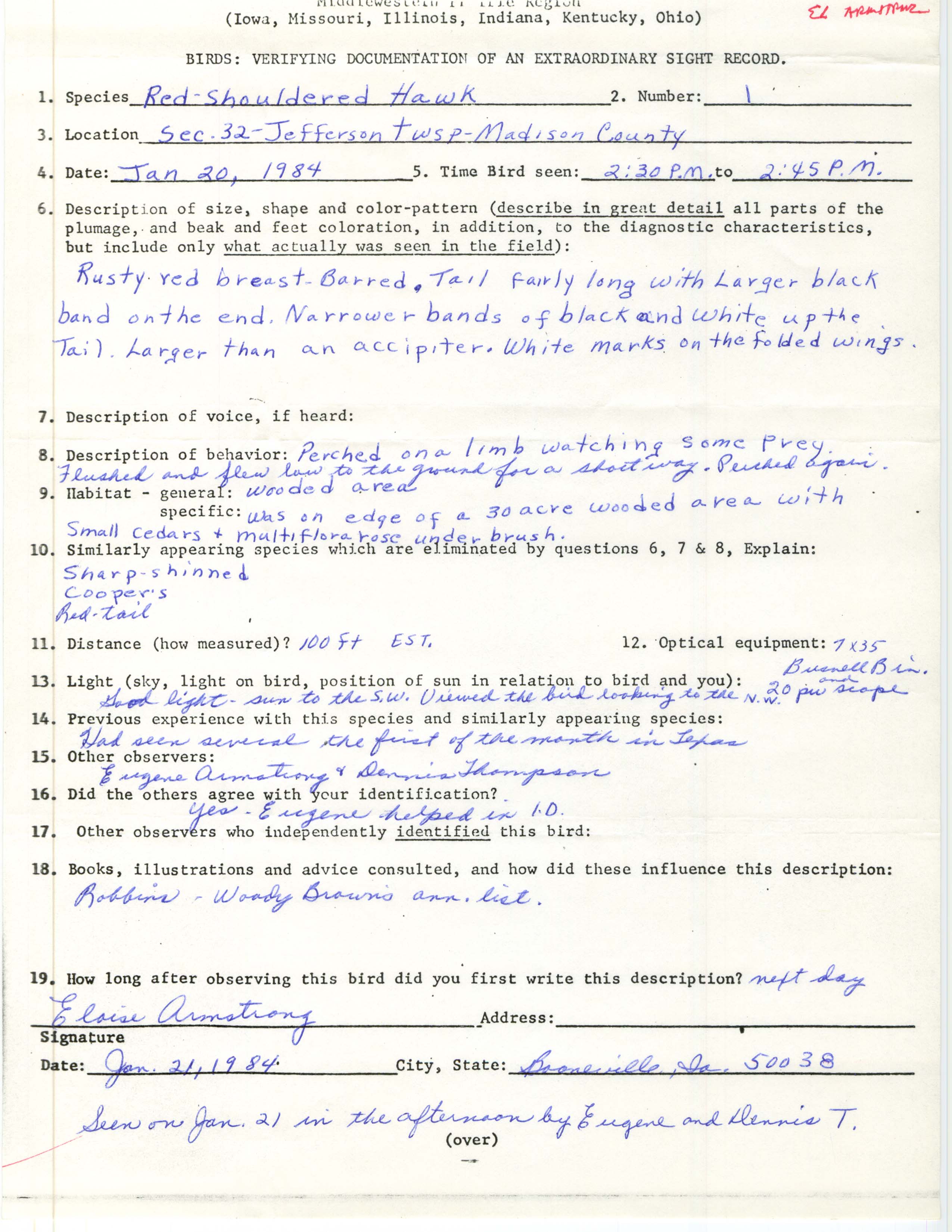 Rare bird documentation form for Red-shouldered Hawk at Jefferson Township in Madison County, 1984