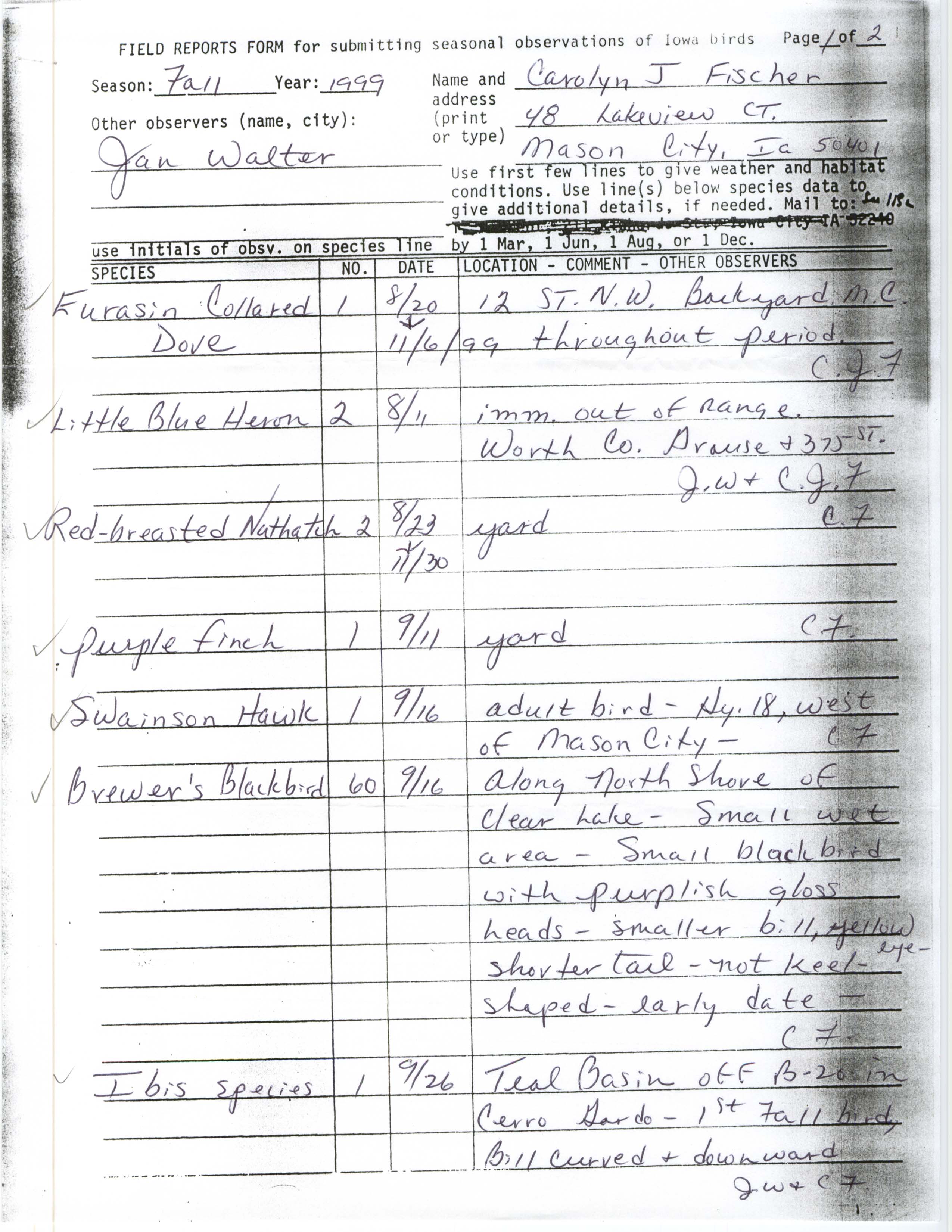 Field reports form for submitting seasonal observations of Iowa birds, fall 1999, Carolyn Fischer