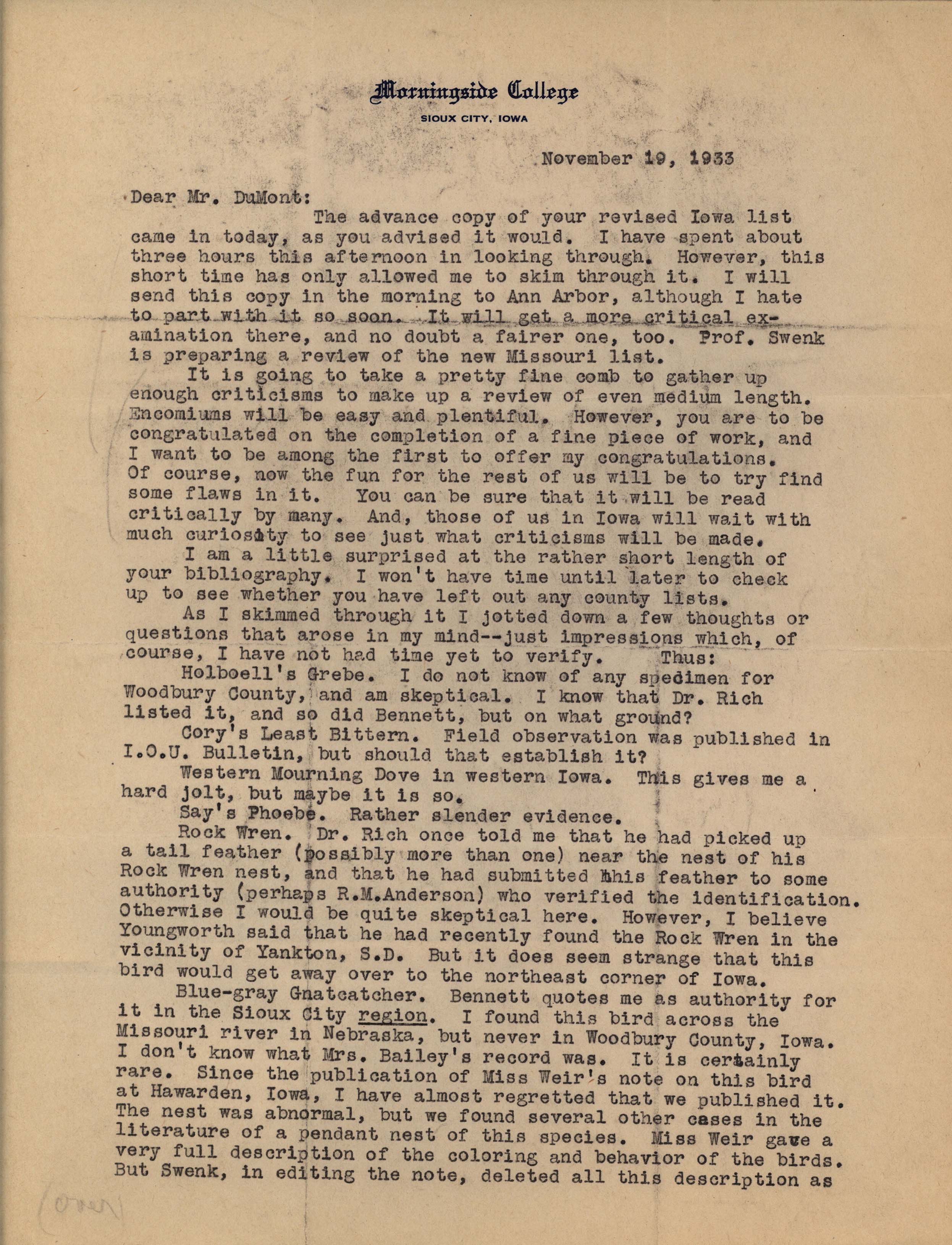 Thomas Stephens letter to Philip DuMont regarding questionable birds in the Revised List of Iowa Birds, November 19, 1933