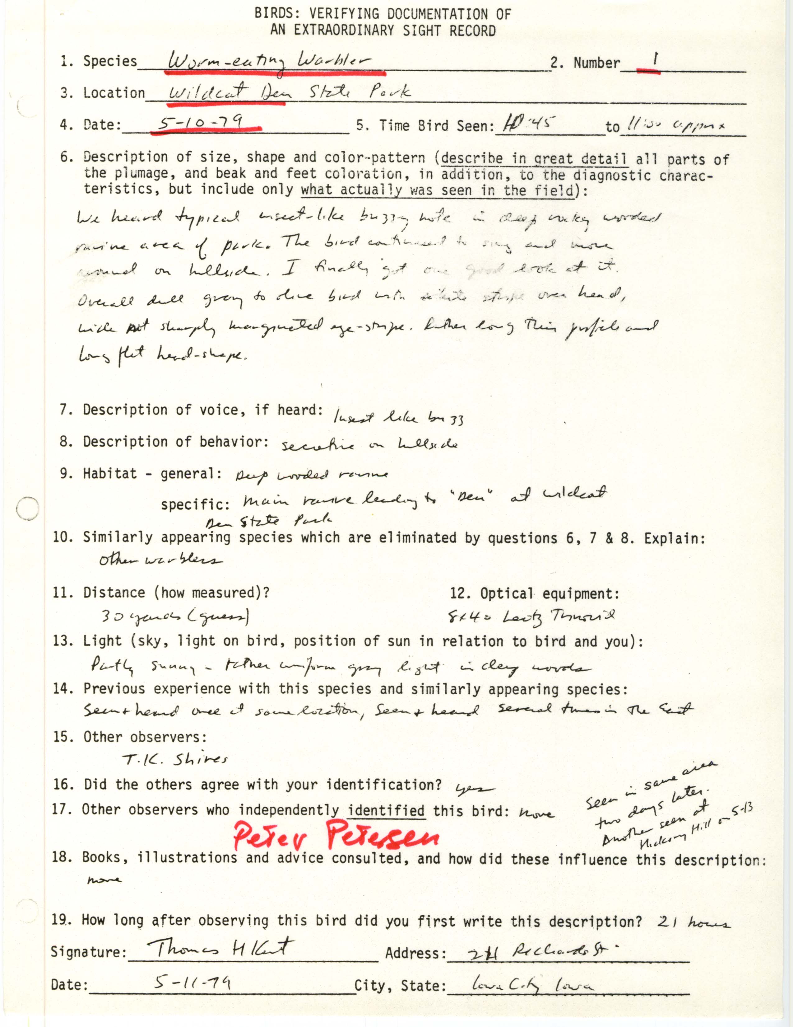 Rare bird documentation form for Worm-eating Warbler at Wildcat Den State Park, 1979