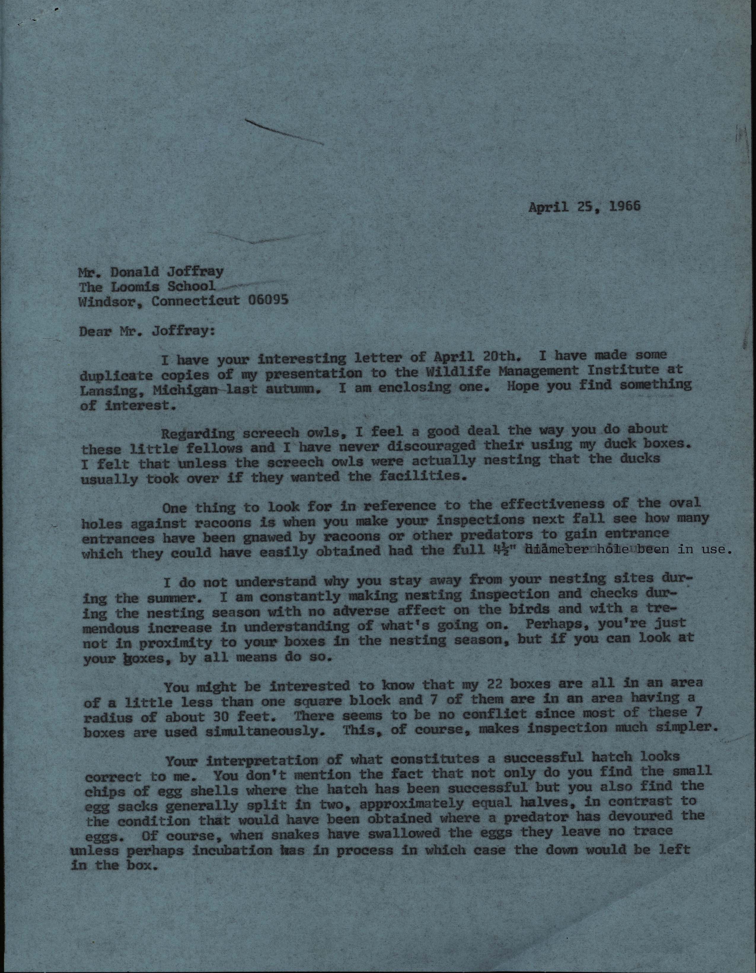 Frederic Leopold letter to Don Joffray regarding Wood Duck houses and nest predation, April 25, 1966