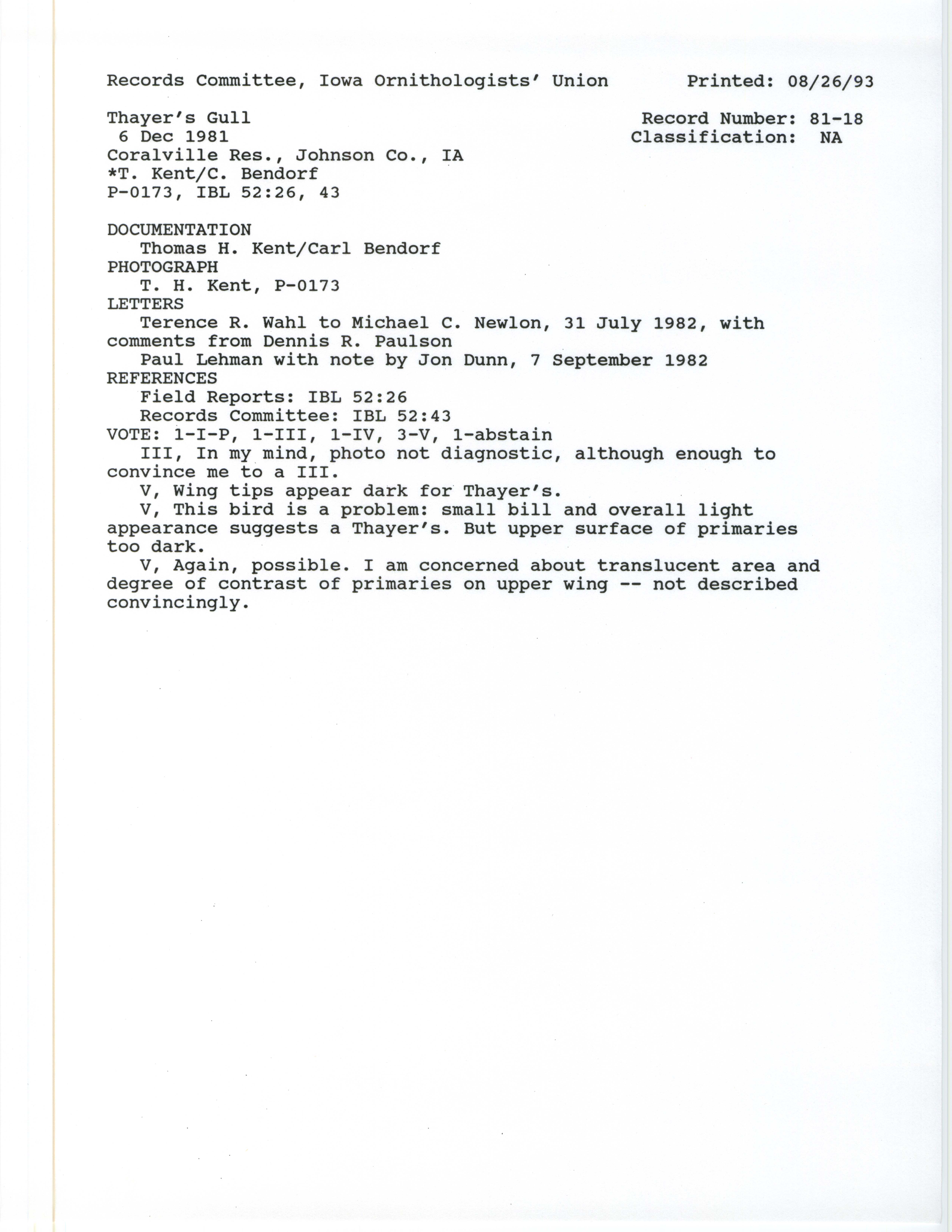 Records Committee review for rare bird sighting of Thayer's Gull at Coralville Dam, 1981