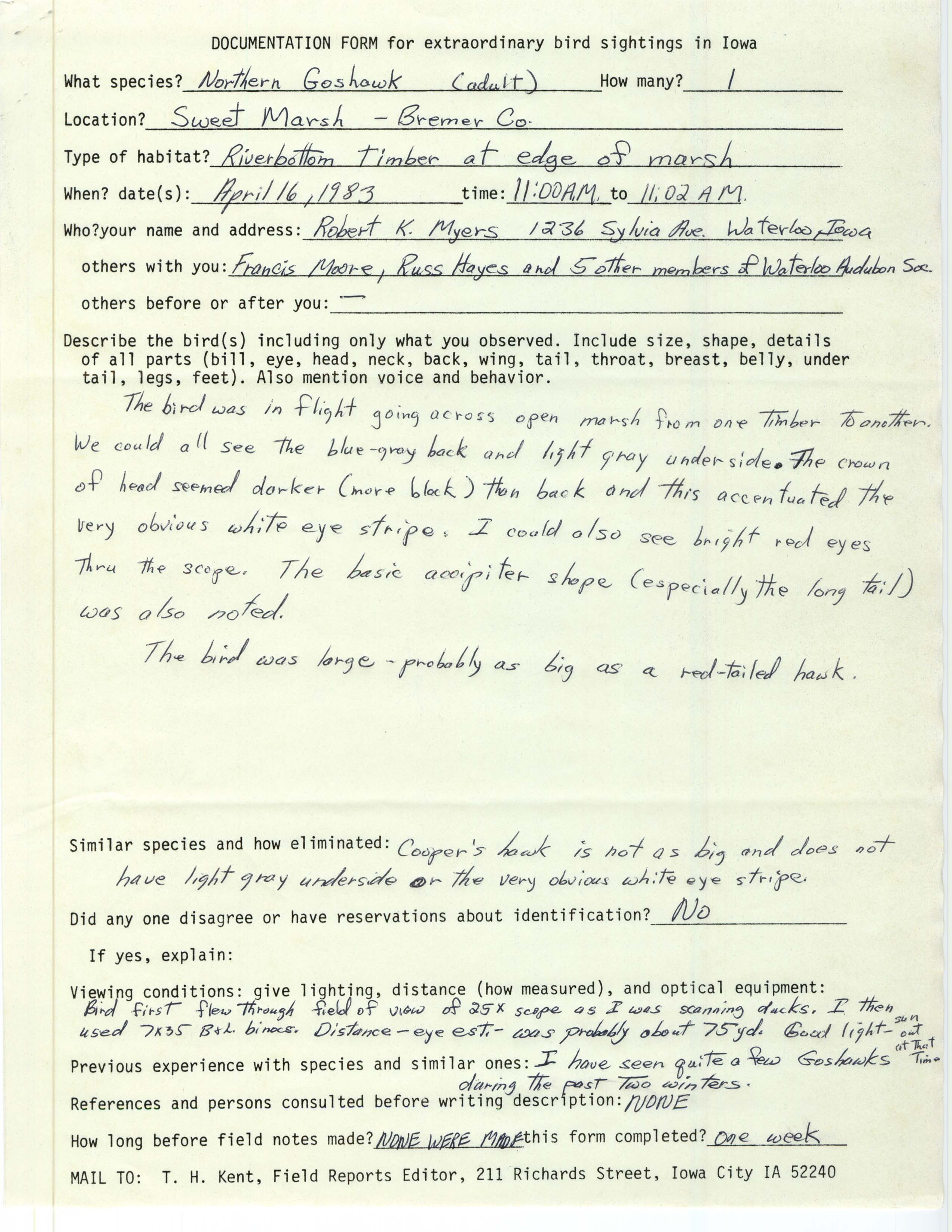Rare bird documentation form for Northern Goshawk at Sweet Marsh in 1983