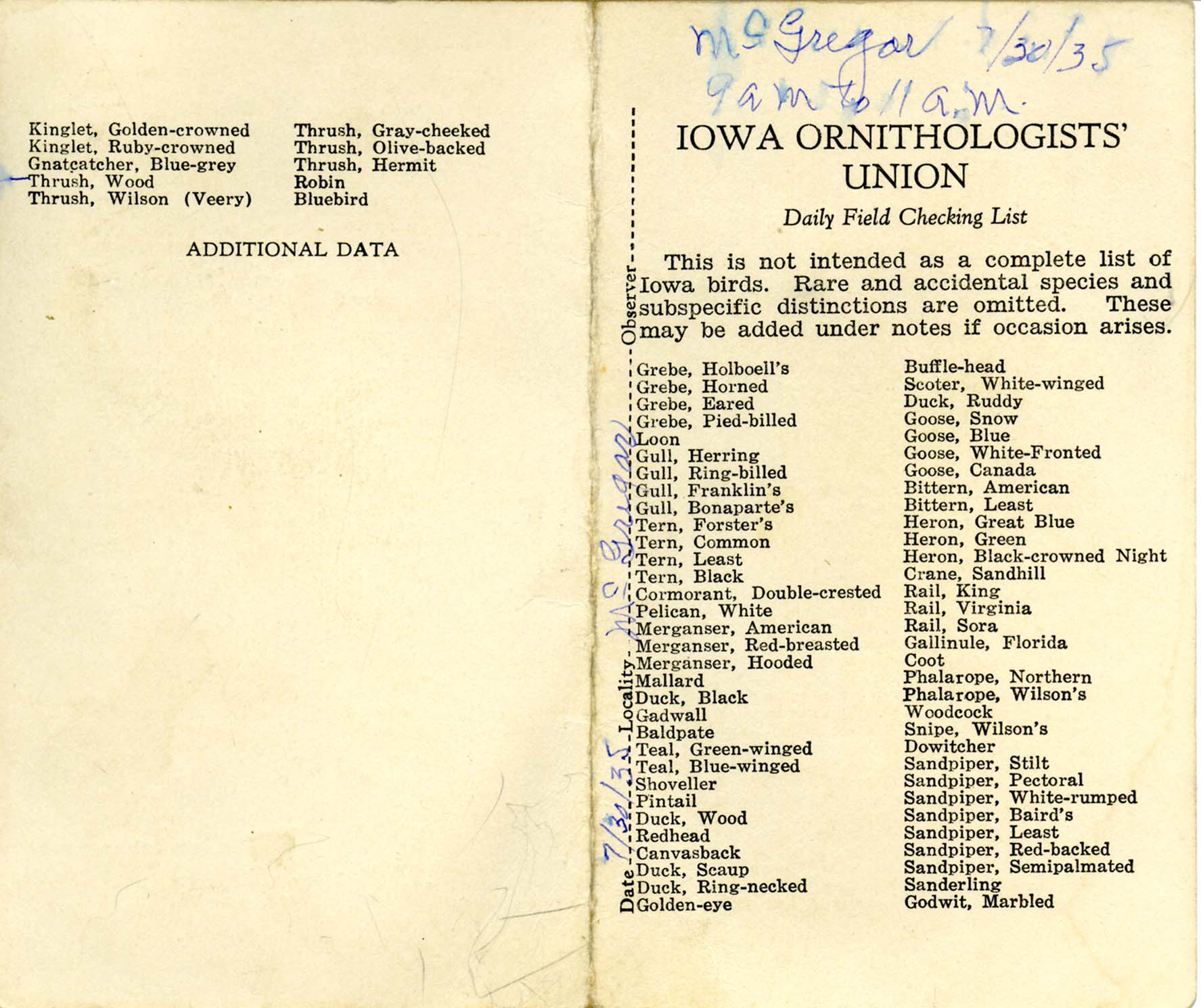 Daily field checking list, Walter Rosene, July 30, 1935