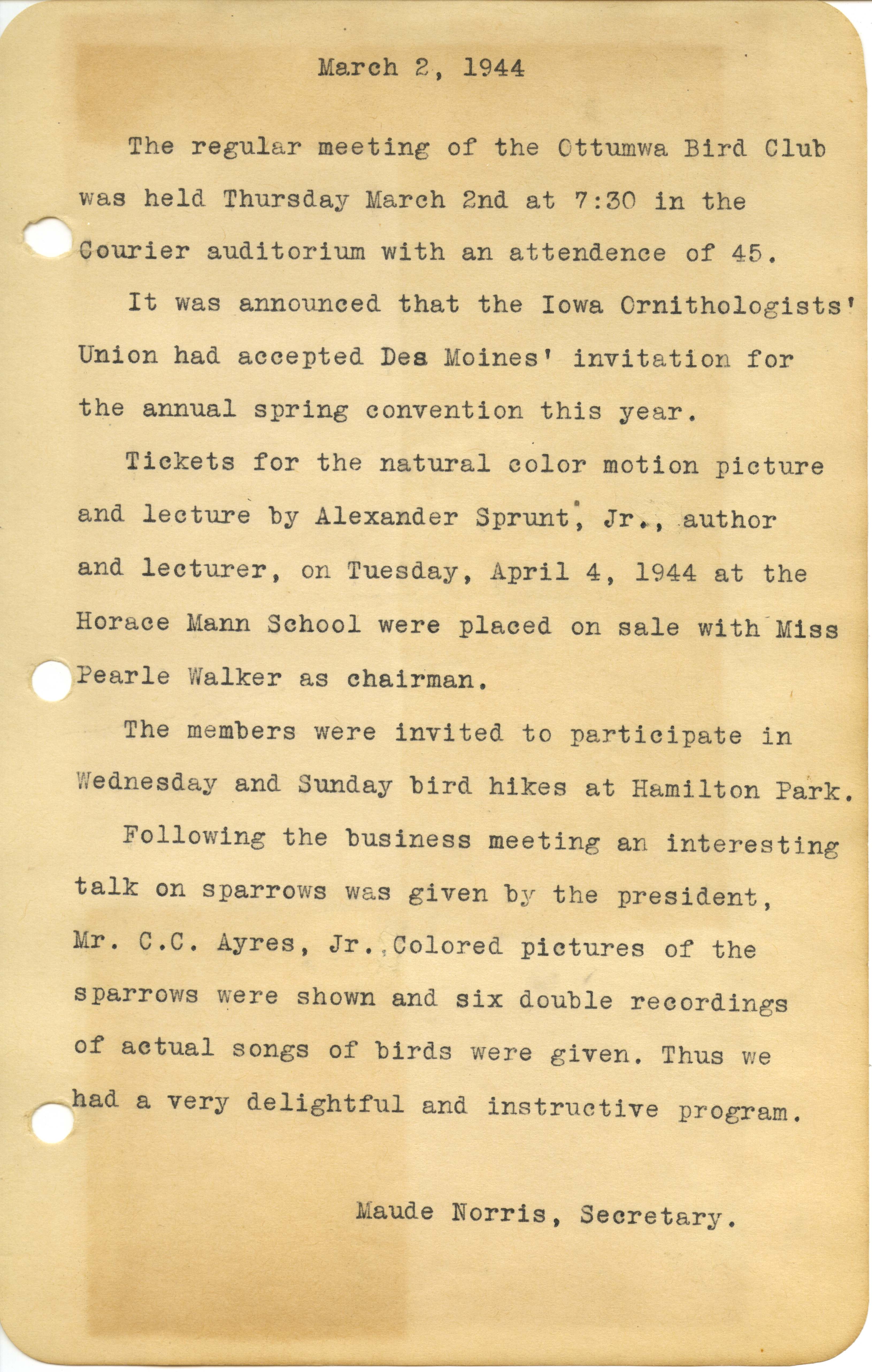Ottumwa Bird Club meeting minutes, March 2, 1944