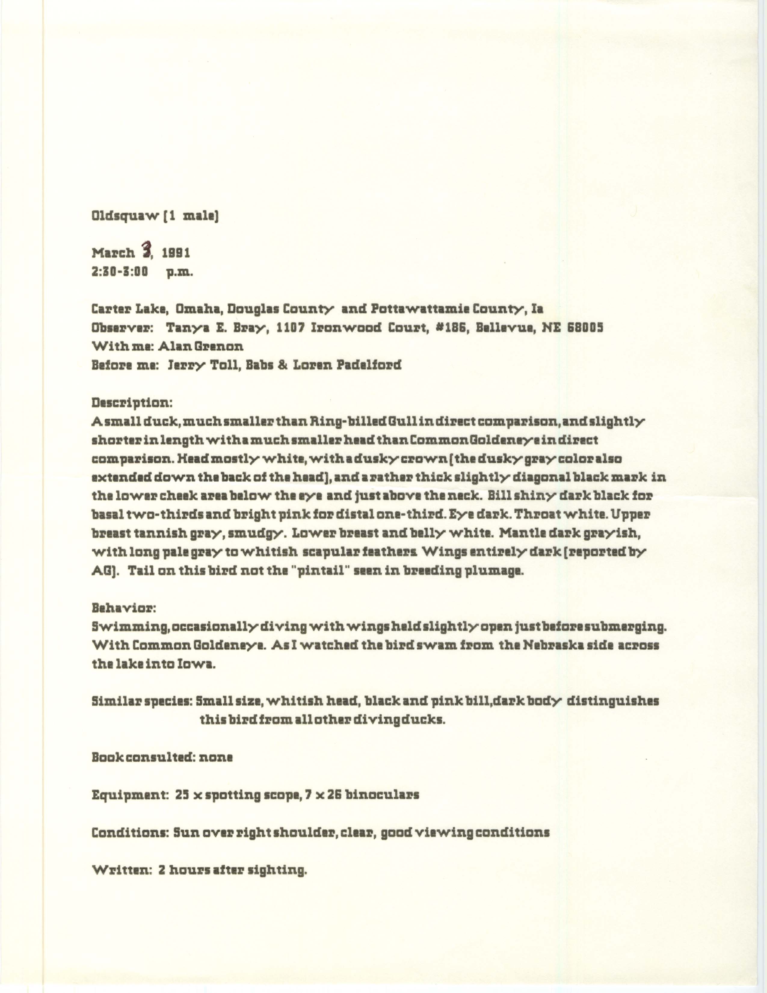 Rare bird documentation form for Long-tailed Duck at Carter Lake, 1991