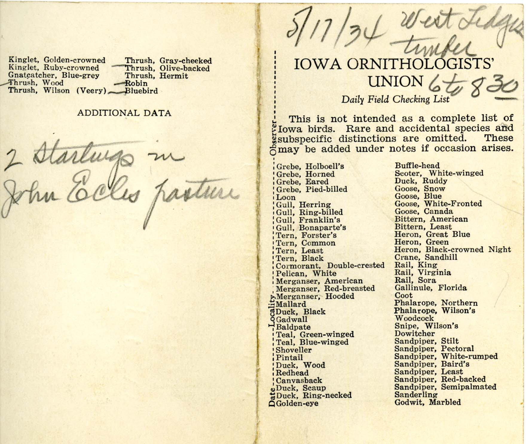 Daily field checking list, Walter Rosene, May 17, 1934