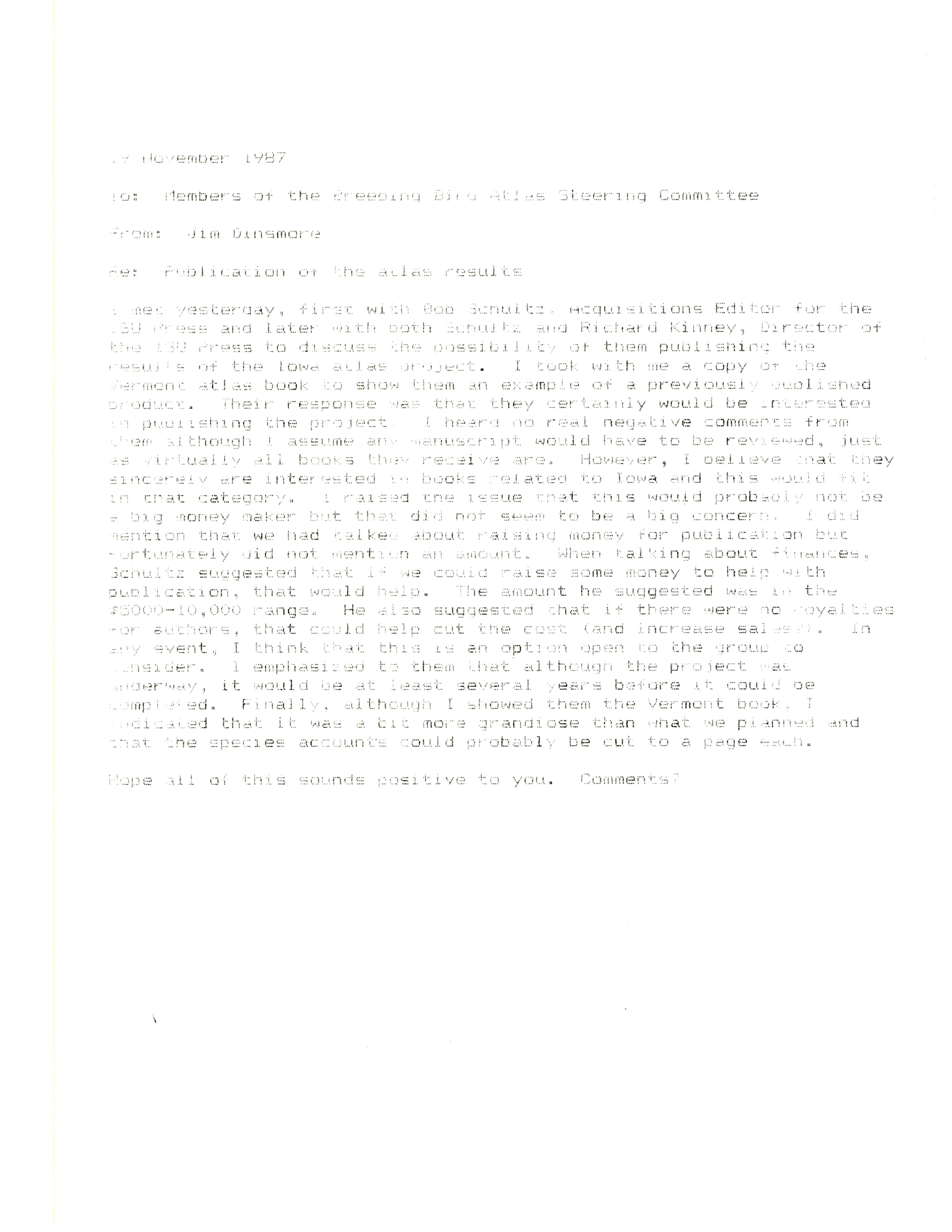 James J. Dinsmore letter to members of the Breeding Bird Atlas Steering Committee regarding the Iowa atlas project, November 19, 1987 
