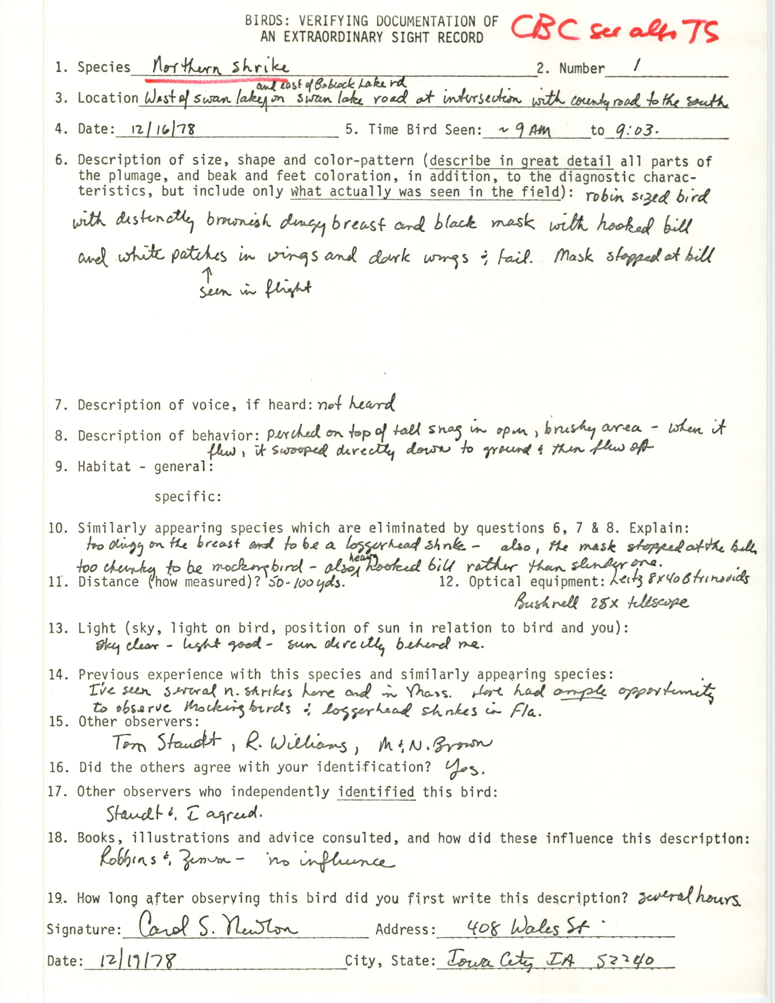 Rare bird documentation form for Northern Shrike at Babcock Access, 1978