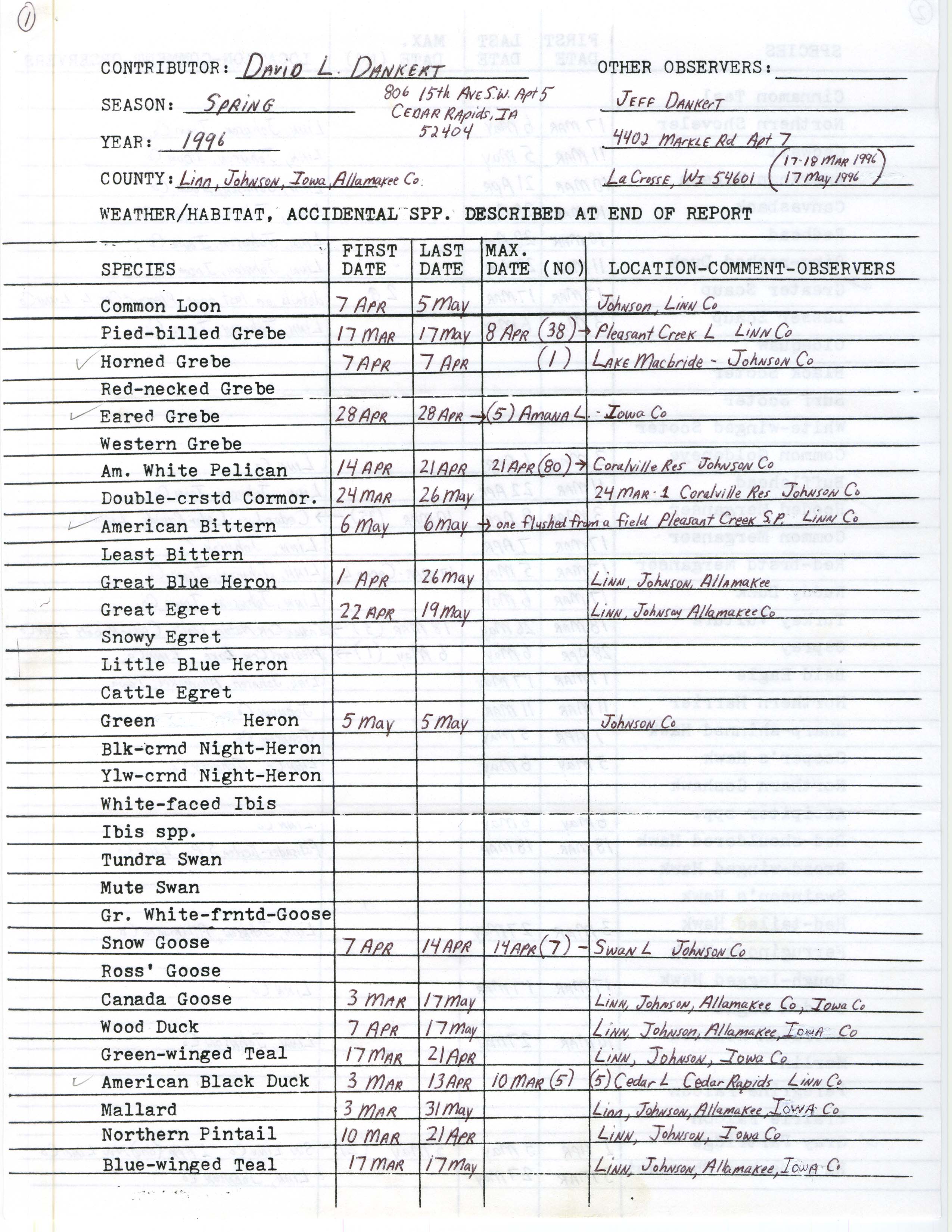 Field notes contributed by David L. Dankert, spring 1996