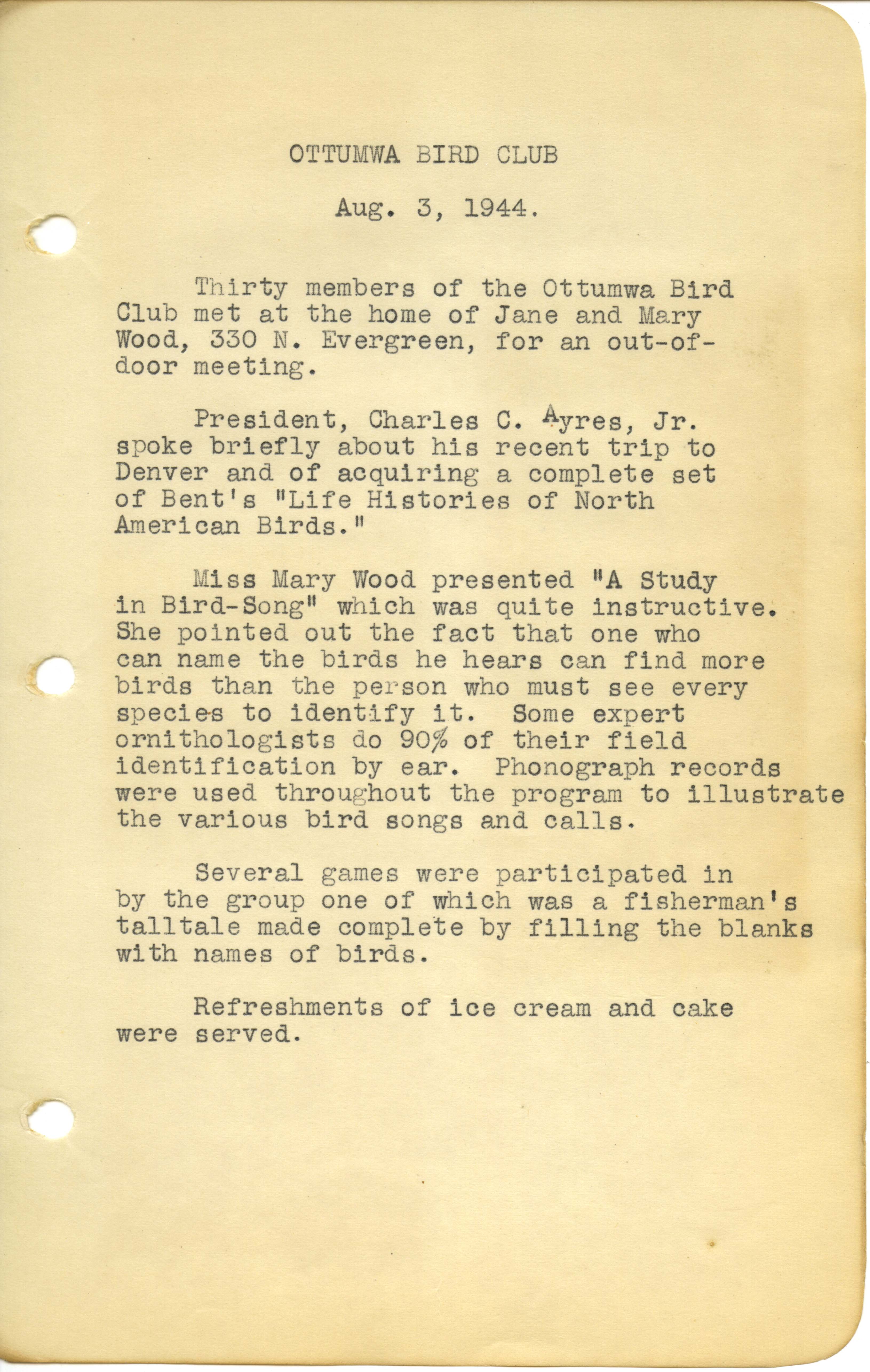  Ottumwa Bird Club meeting minutes, August 3, 1944