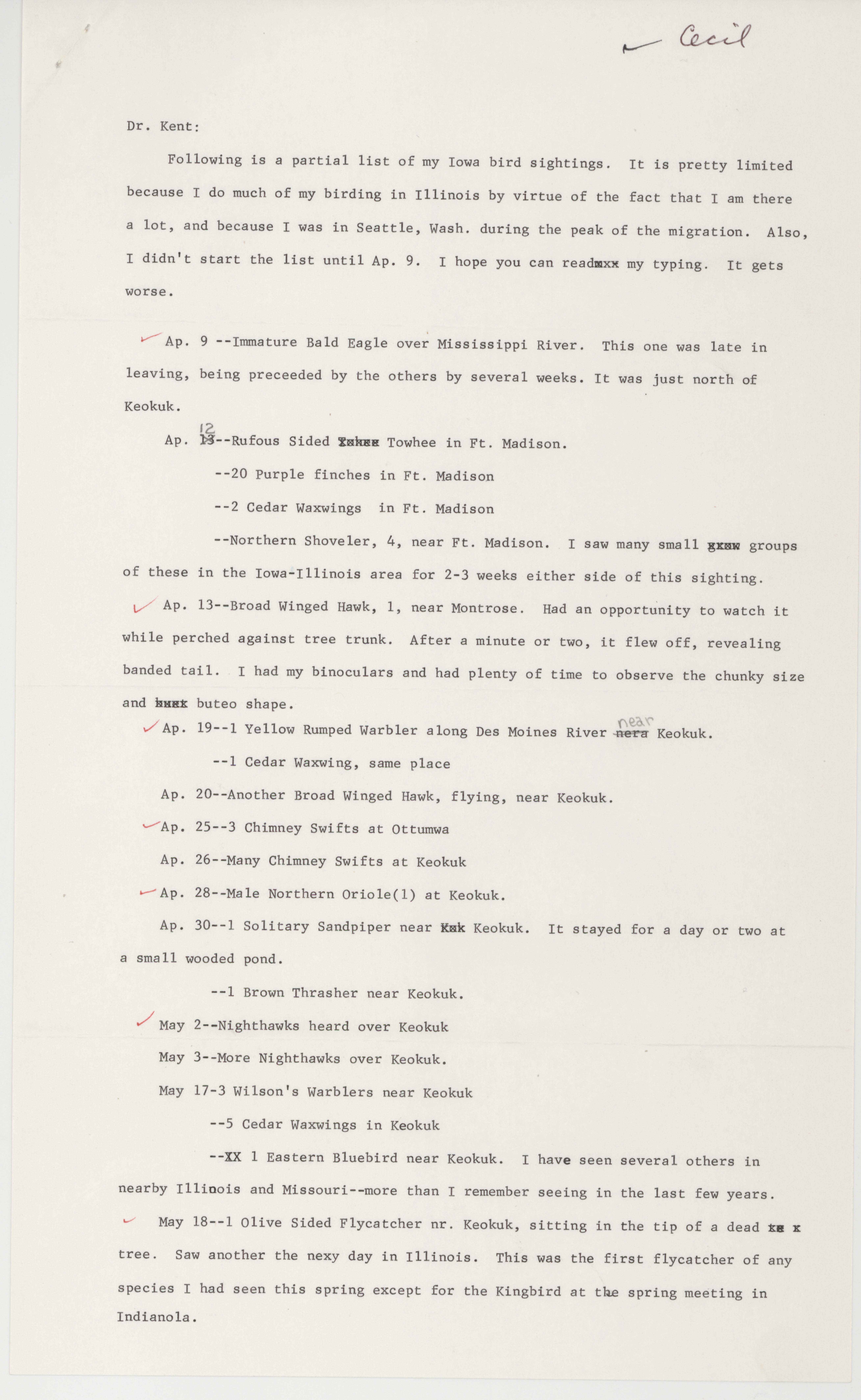 Robert I. Cecil letter to Thomas H. Kent regarding bird sightings, Keokuk, Iowa, spring 1984