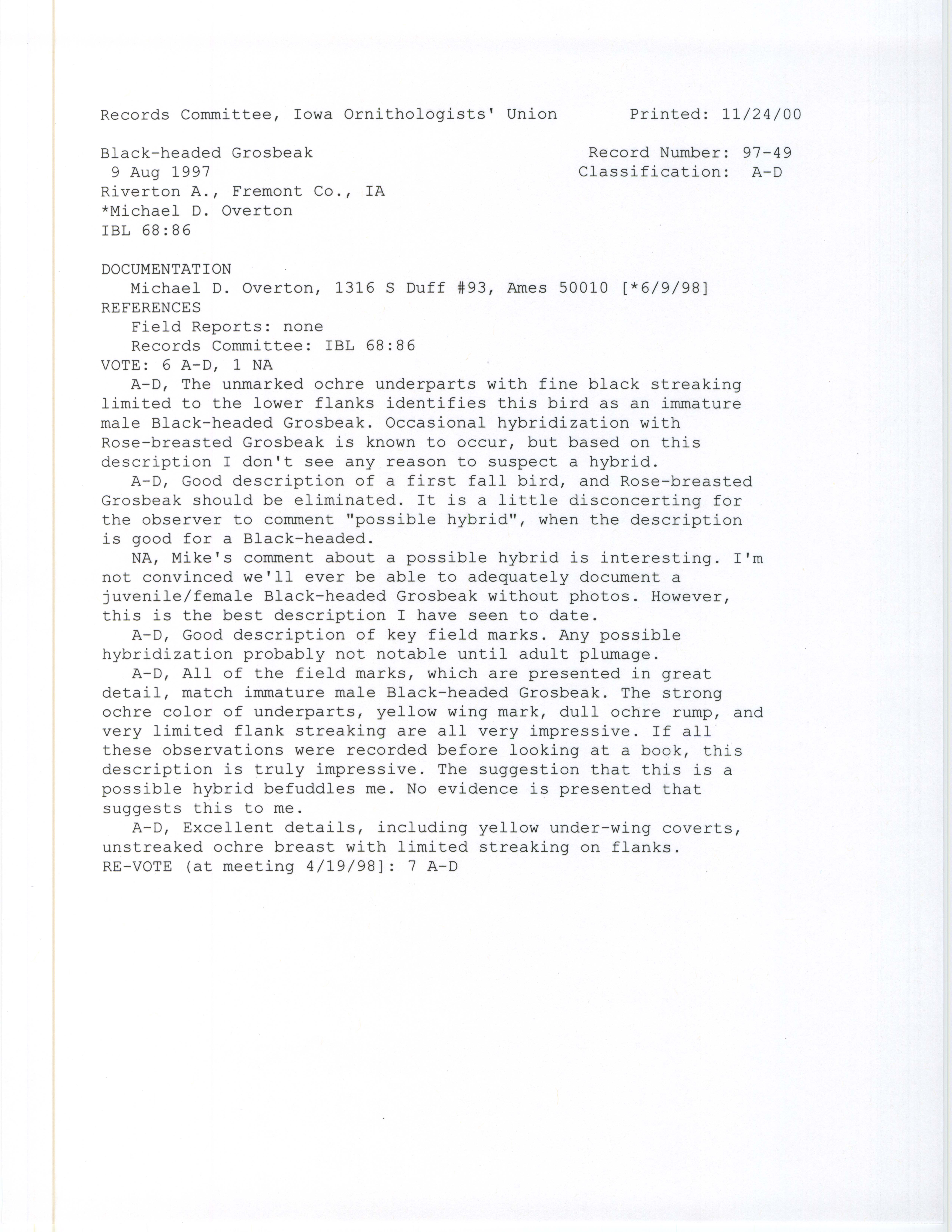 Records Committee review for rare bird sighting for Black-headed Grosbeak at Riverton Wildlife Area, 1997
