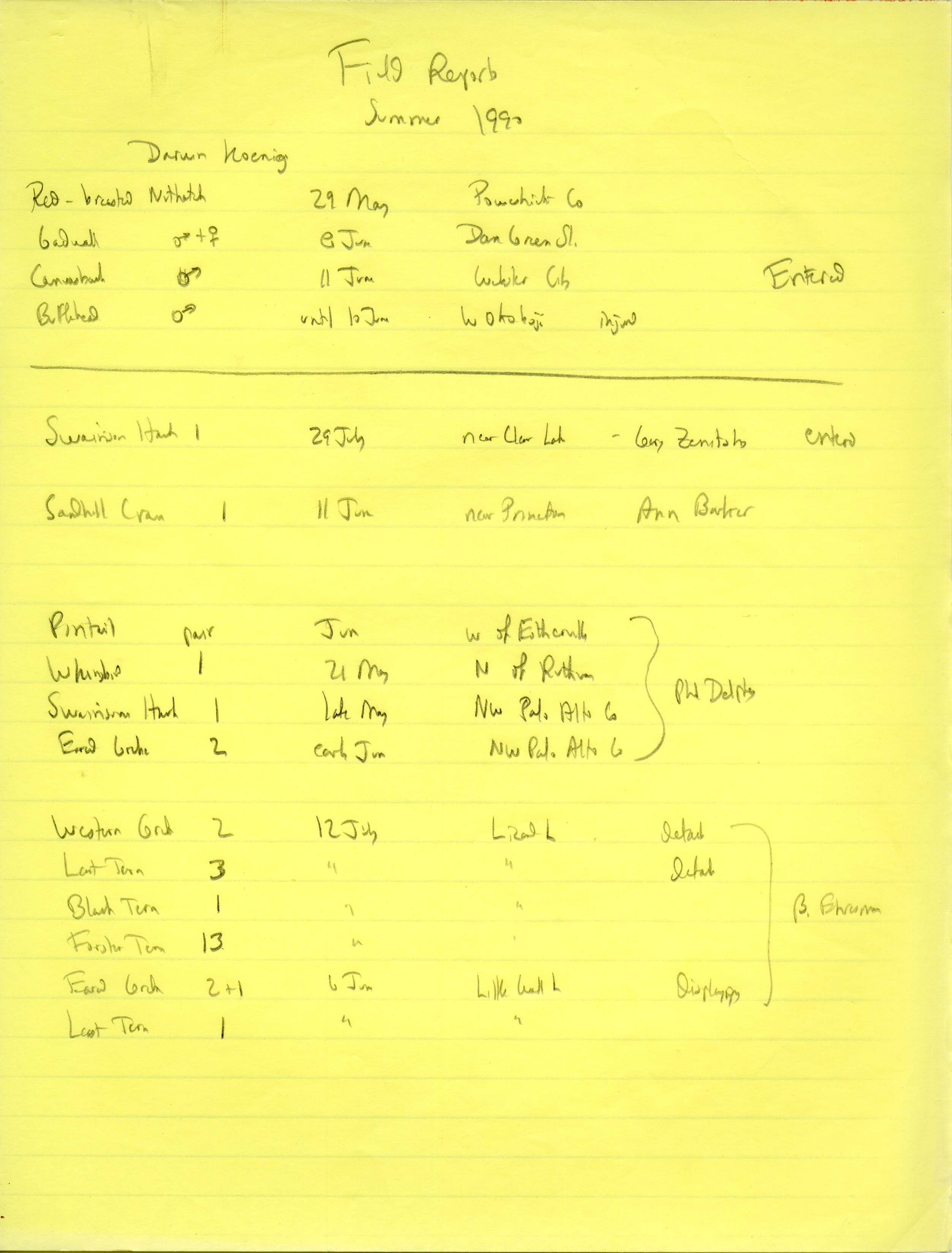 Field reports, Darwin Koenig, summer 1990