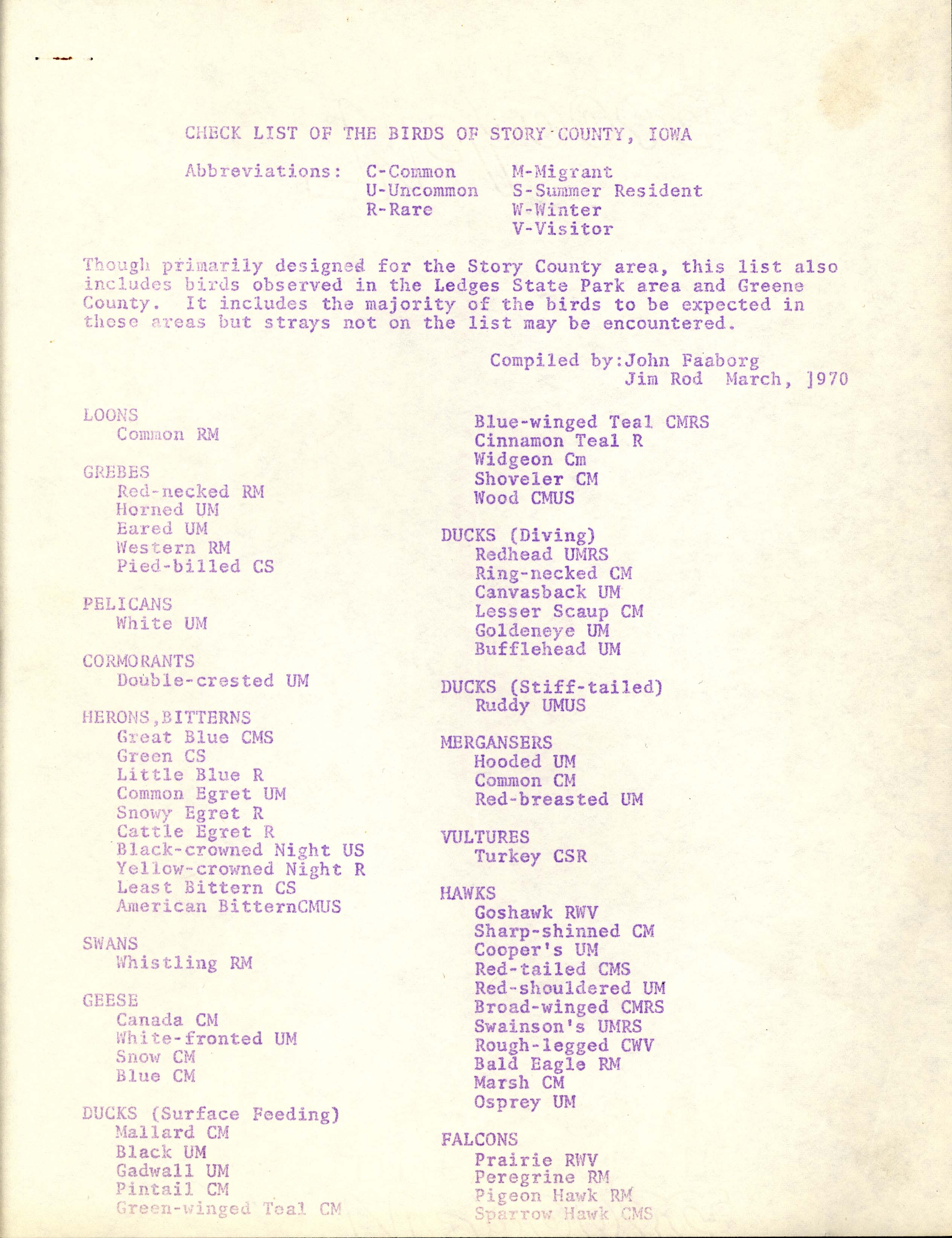 Check list of the birds of Story County, Iowa, 1970